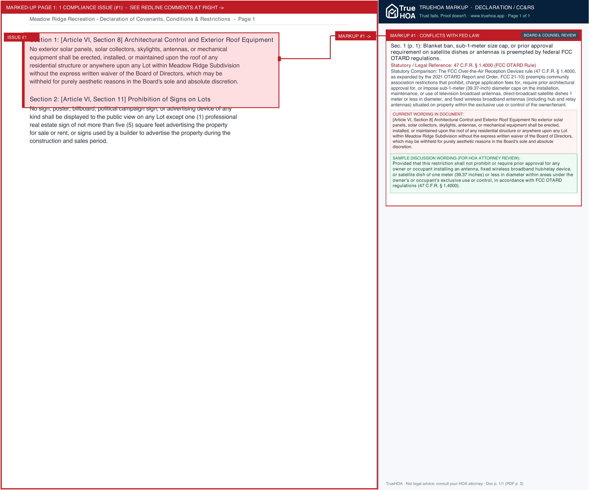 Meadow Ridge Recreation Declaration of Covenants, Conditions & Restrictions page 1 widened with TrueHOA Crystal AI margin annotations