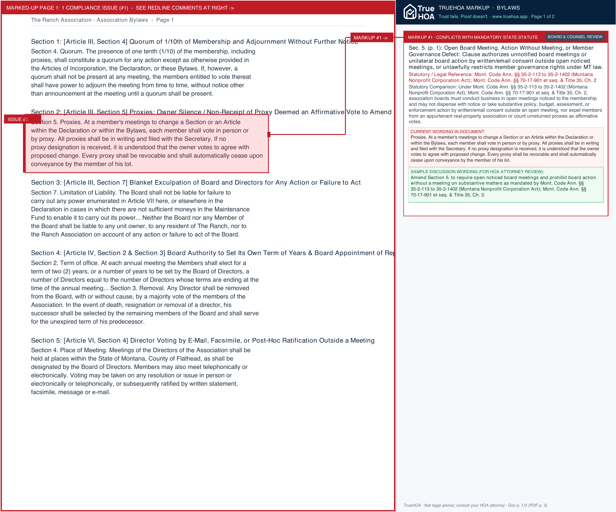 The Ranch Association Association Bylaws page 1 widened with TrueHOA Crystal AI margin annotations
