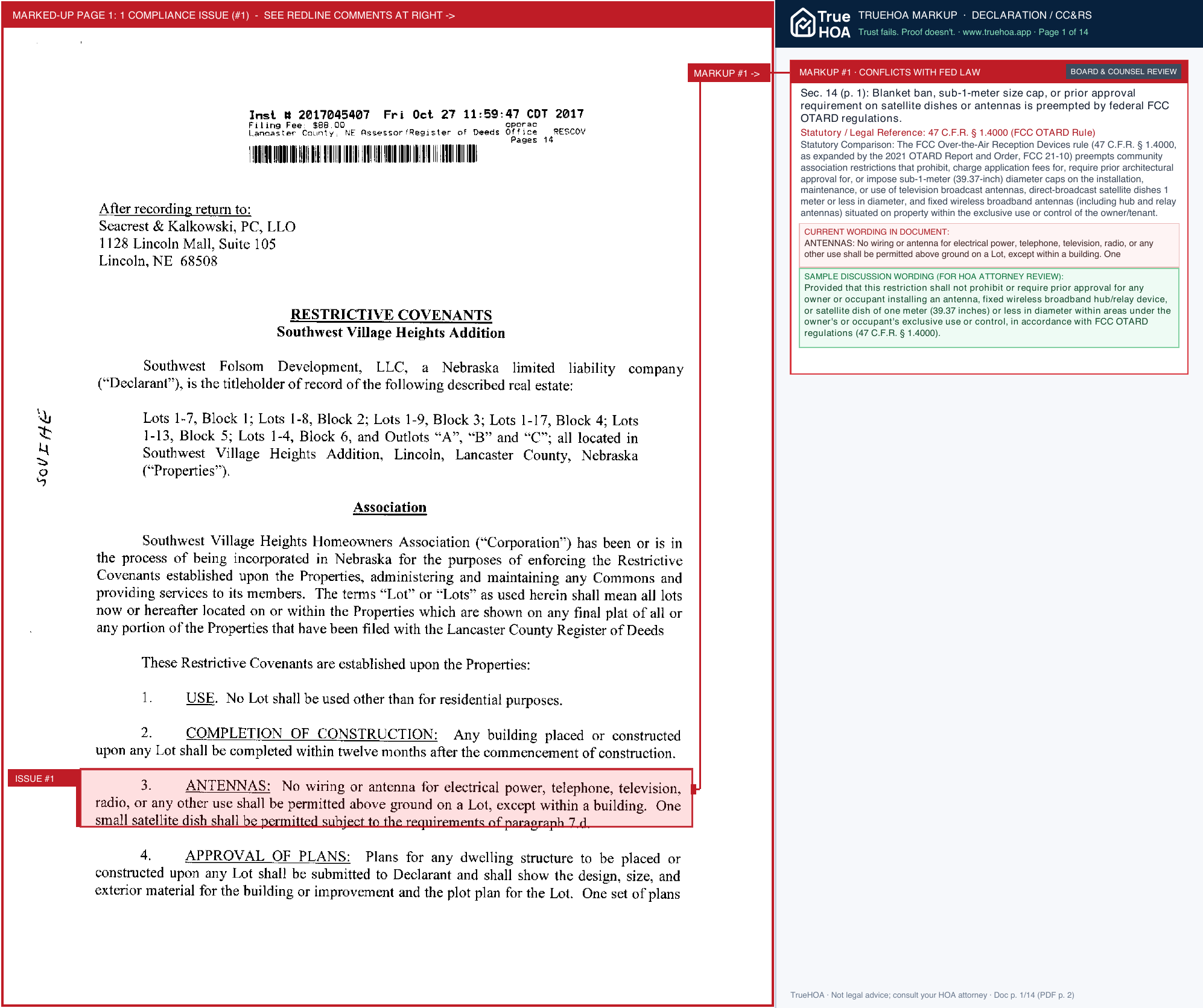 Southwest Village Heights HOA Restrictive Covenants page 1 widened with TrueHOA Crystal AI margin annotations