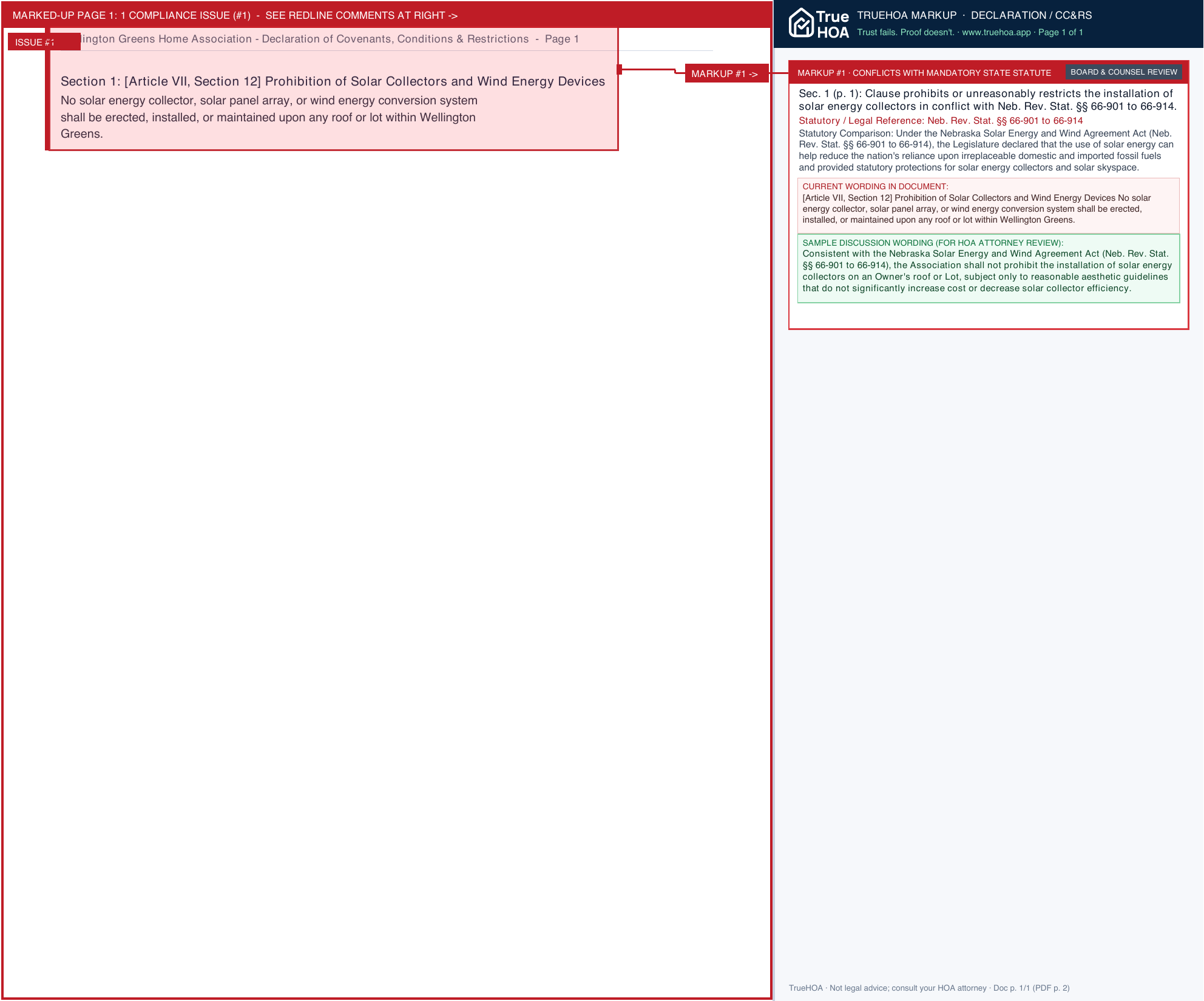 Wellington Greens Home Association Declaration of Covenants, Conditions & Restrictions page 1 widened with TrueHOA Crystal AI margin annotations