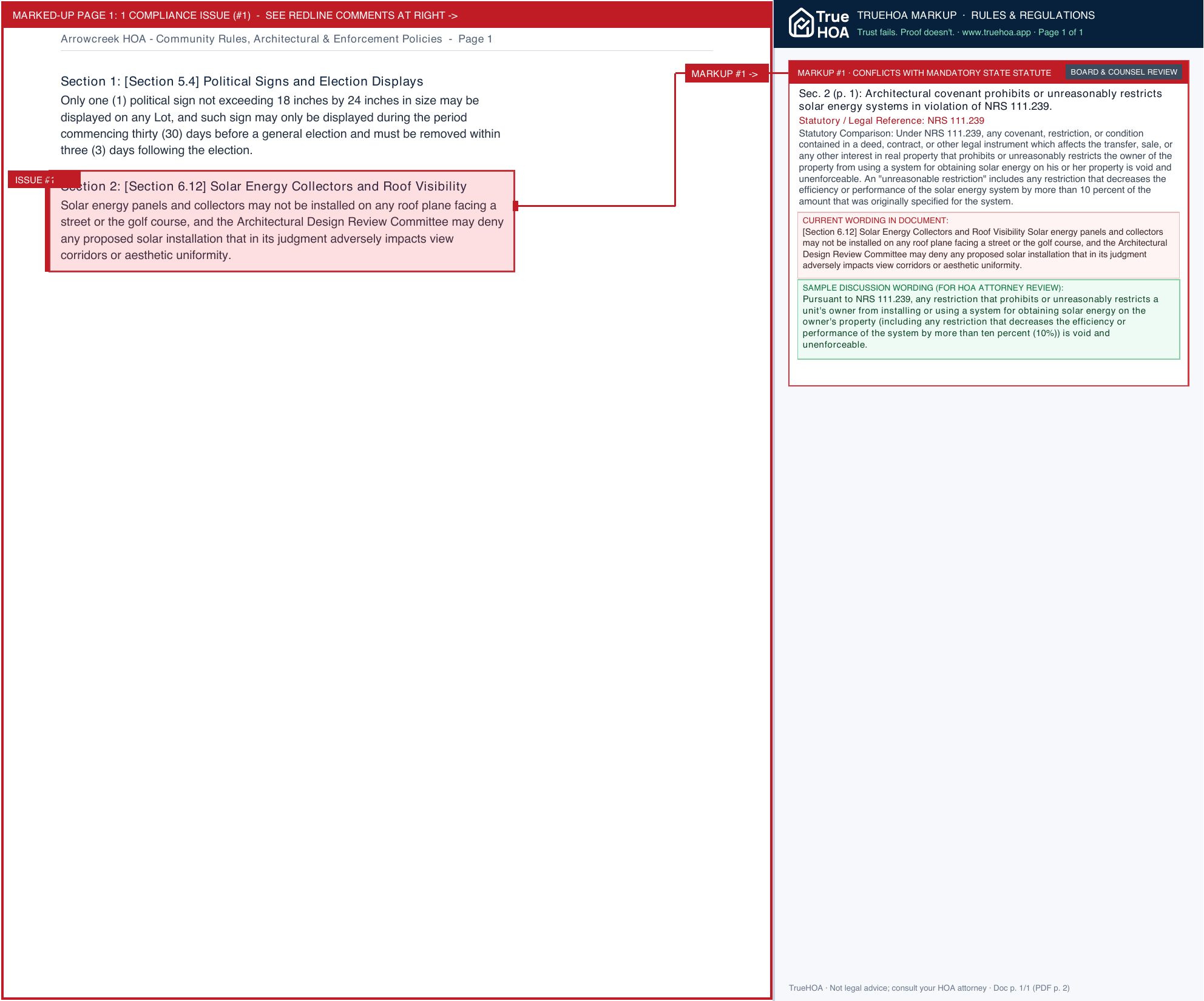 Arrowcreek HOA Community Rules, Architectural & Enforcement Policies page 1 widened with TrueHOA Crystal AI margin annotations