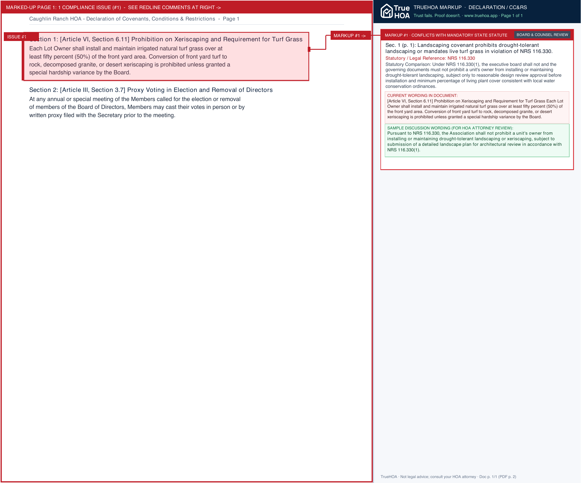 Caughlin Ranch HOA Declaration of Covenants, Conditions & Restrictions page 1 widened with TrueHOA Crystal AI margin annotations