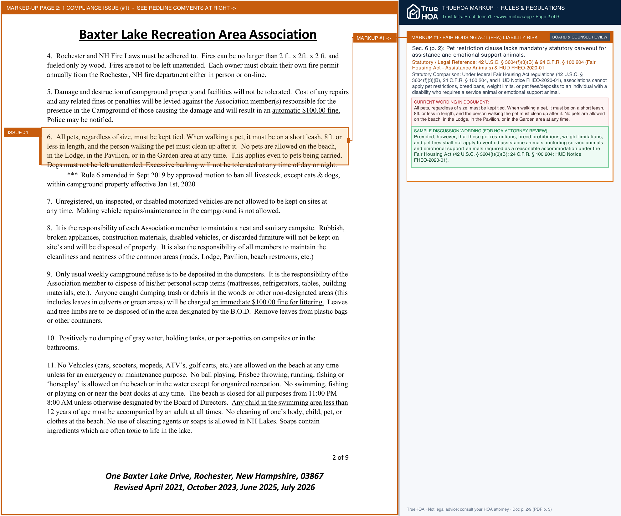 Baxter Lake Recreation Area Association Rules and Regulations 2026 07 page 2 widened with TrueHOA Crystal AI margin annotations