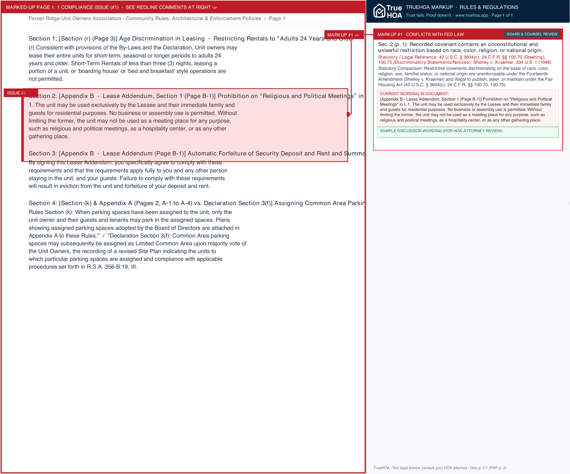 Forest Ridge Unit Owners Association Community Rules, Architectural & Enforcement Policies page 1 widened with TrueHOA Crystal AI margin annotations