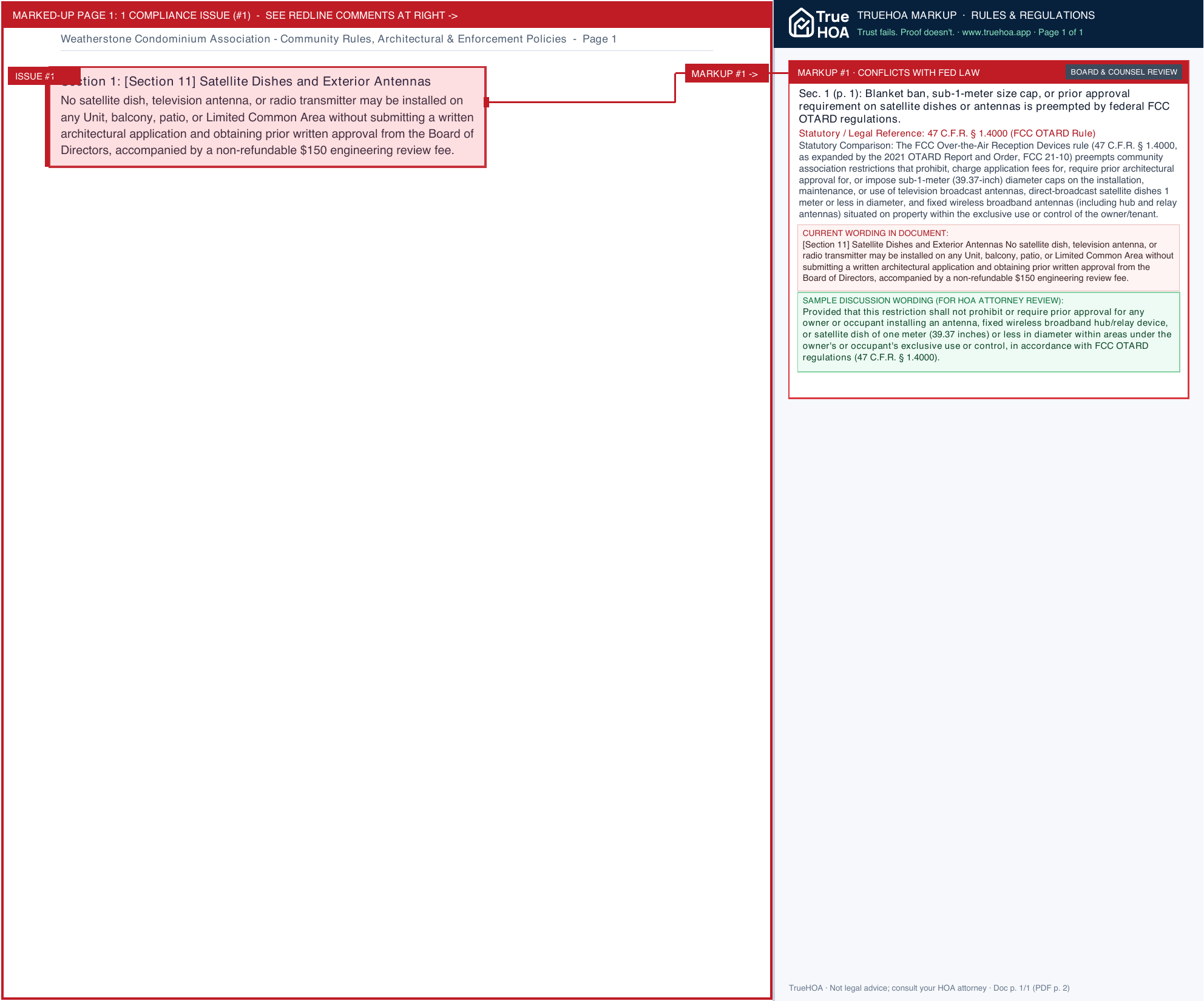 Weatherstone Condominium Association Community Rules, Architectural & Enforcement Policies page 1 widened with TrueHOA Crystal AI margin annotations
