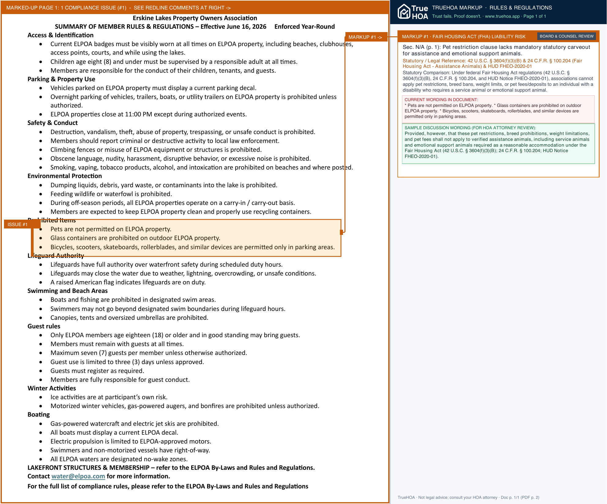 Erskine Lakes POA ELPOA Rules and Regulations 1 Page Summary page 1 widened with TrueHOA Crystal AI margin annotations