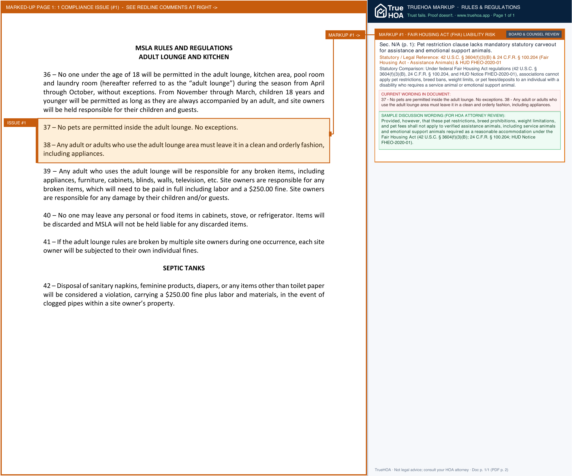 Mountain Shadows Lake Association Lounge Rules page 1 widened with TrueHOA Crystal AI margin annotations