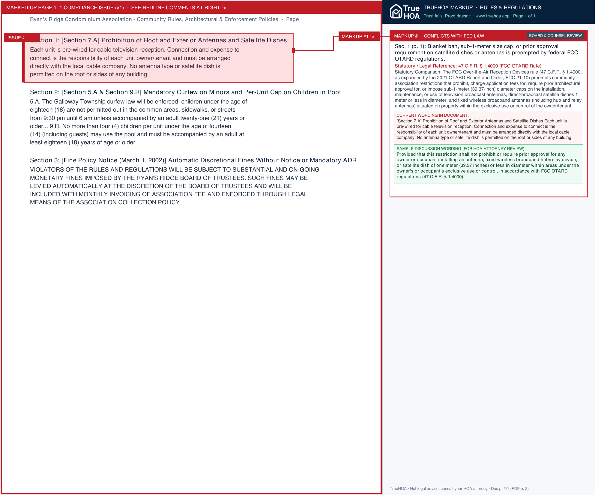 Ryan's Ridge Condominium Association Community Rules, Architectural & Enforcement Policies page 1 widened with TrueHOA Crystal AI margin annotations