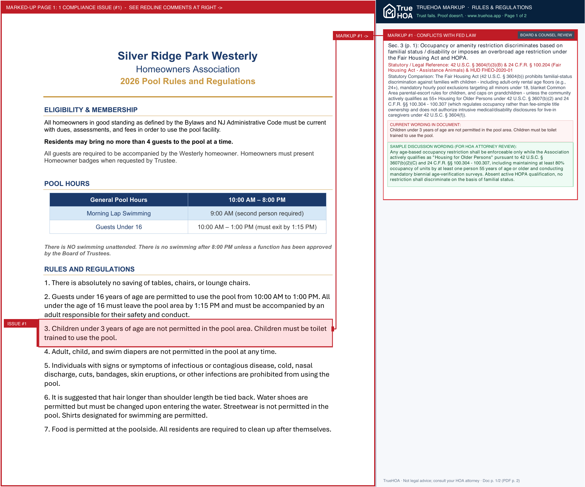 Silver Ridge Park Westerly HOA poolRules page 1 widened with TrueHOA Crystal AI margin annotations