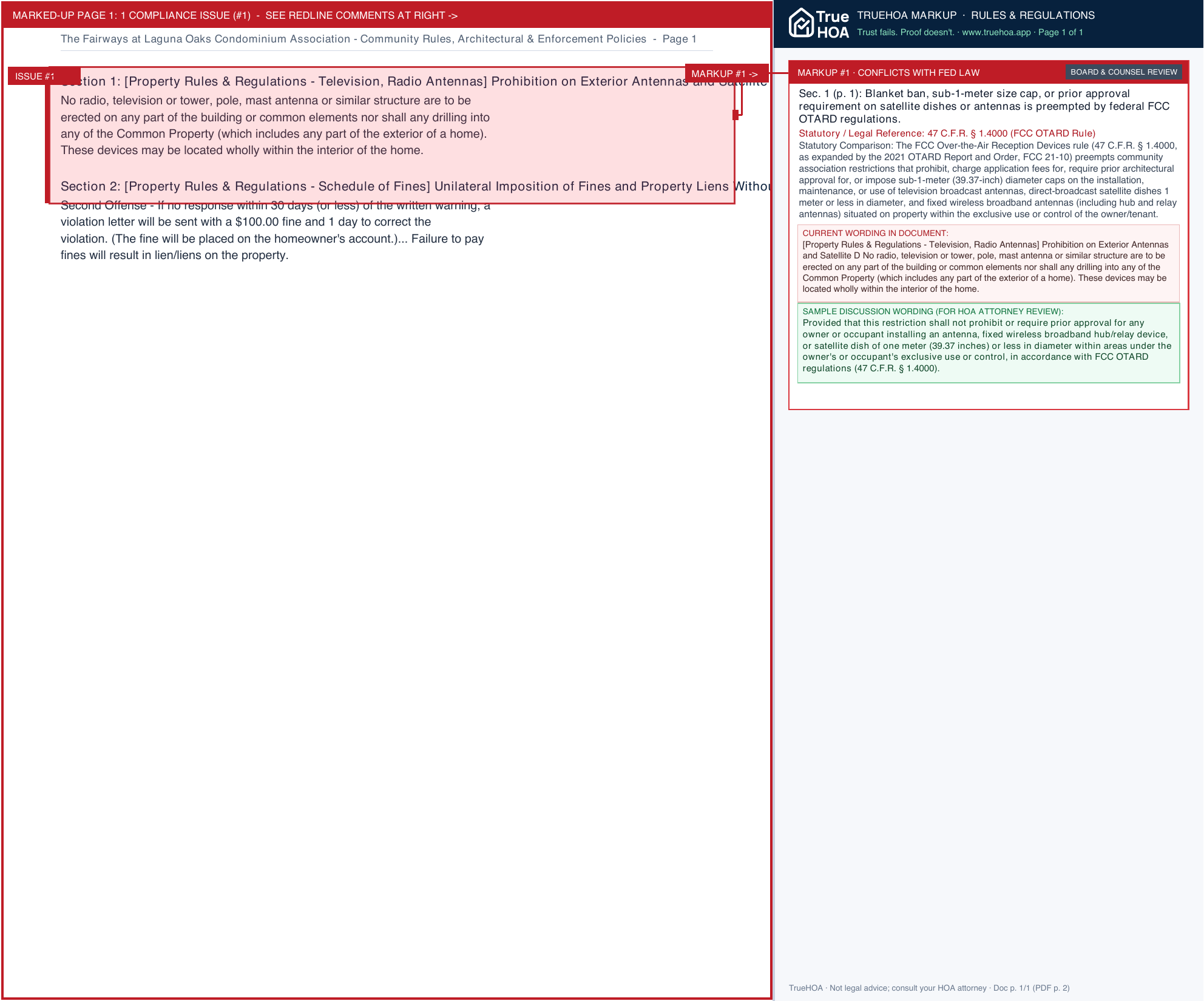 The Fairways at Laguna Oaks Condominium Association Community Rules, Architectural & Enforcement Policies page 1 widened with TrueHOA Crystal AI margin annotations