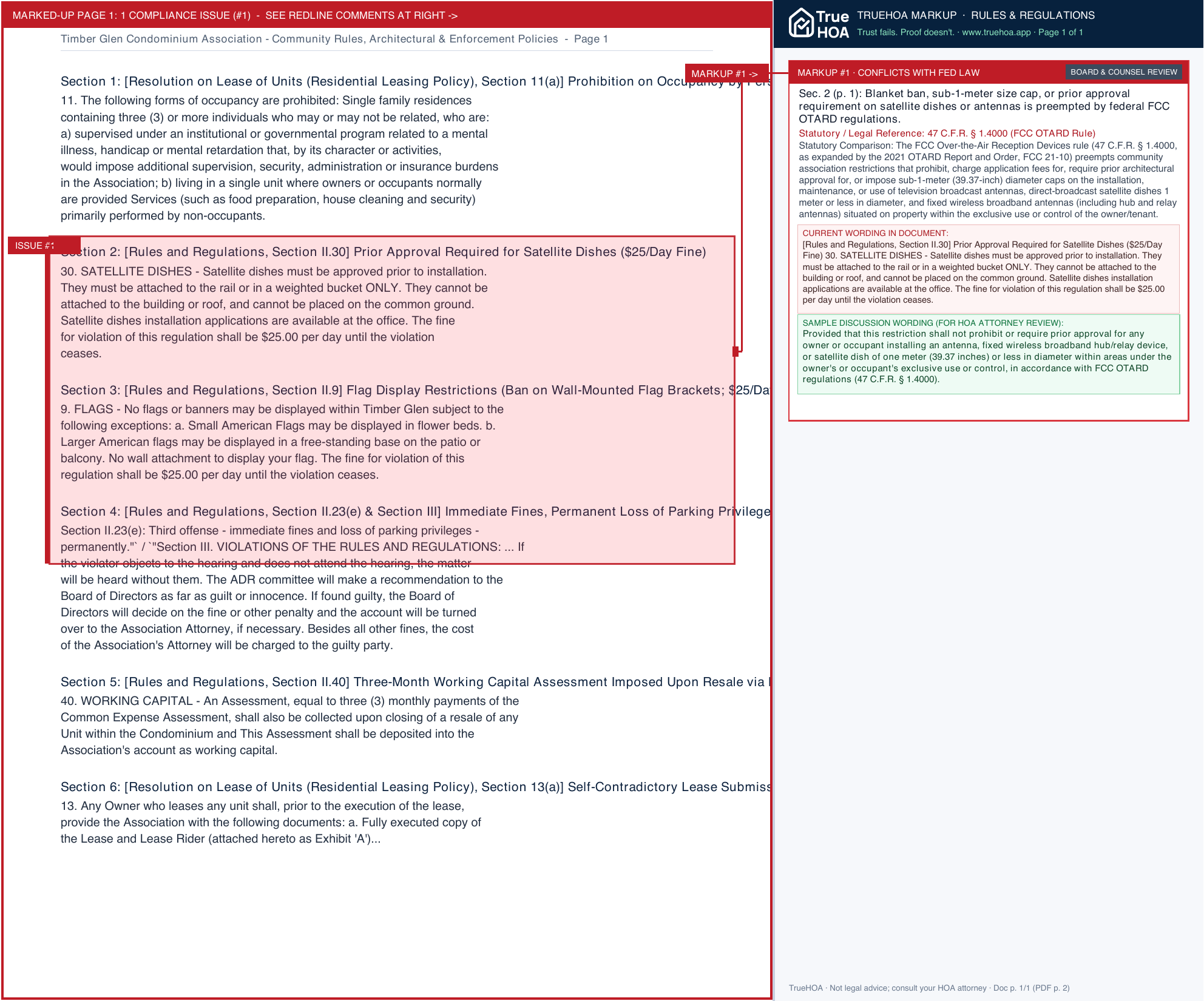 Timber Glen Condominium Association Community Rules, Architectural & Enforcement Policies page 1 widened with TrueHOA Crystal AI margin annotations