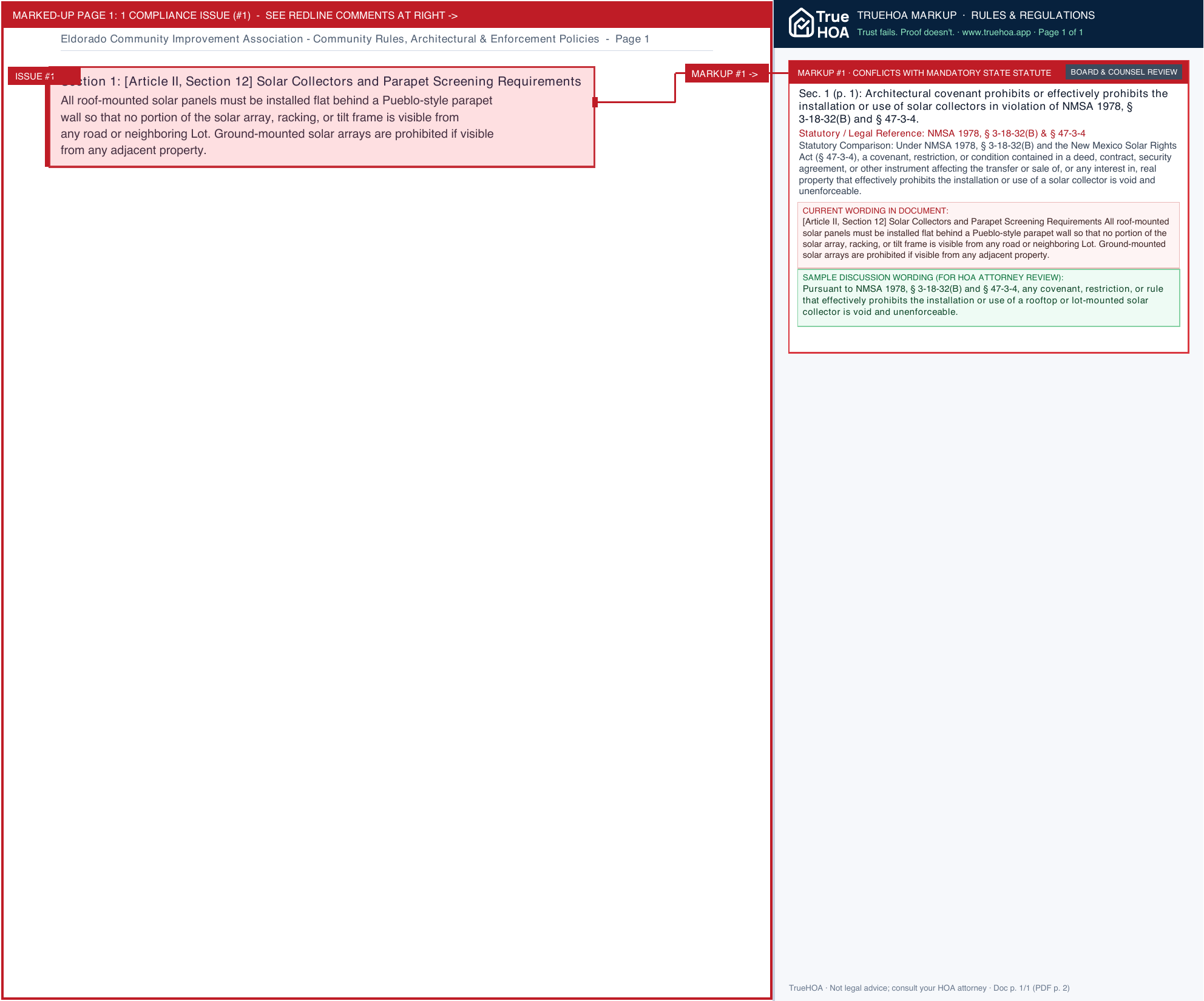 Eldorado Community Improvement Association Community Rules, Architectural & Enforcement Policies page 1 widened with TrueHOA Crystal AI margin annotations