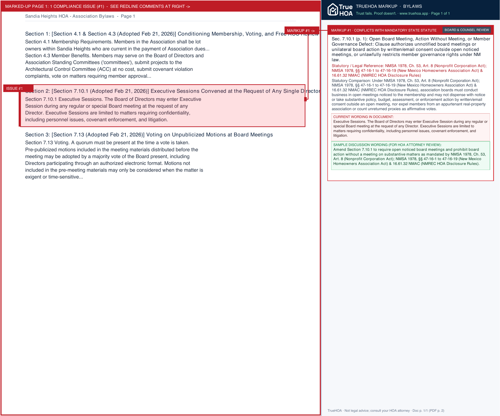 Sandia Heights HOA Association Bylaws page 1 widened with TrueHOA Crystal AI margin annotations