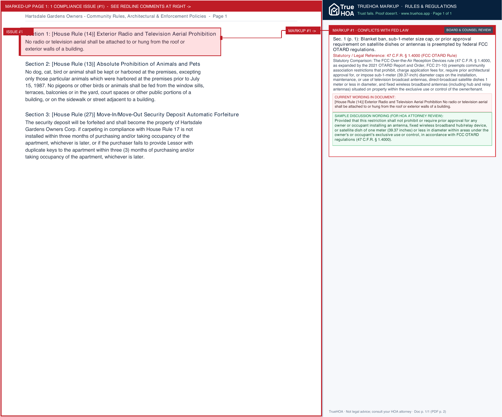 Hartsdale Gardens Owners Community Rules, Architectural & Enforcement Policies page 1 widened with TrueHOA Crystal AI margin annotations