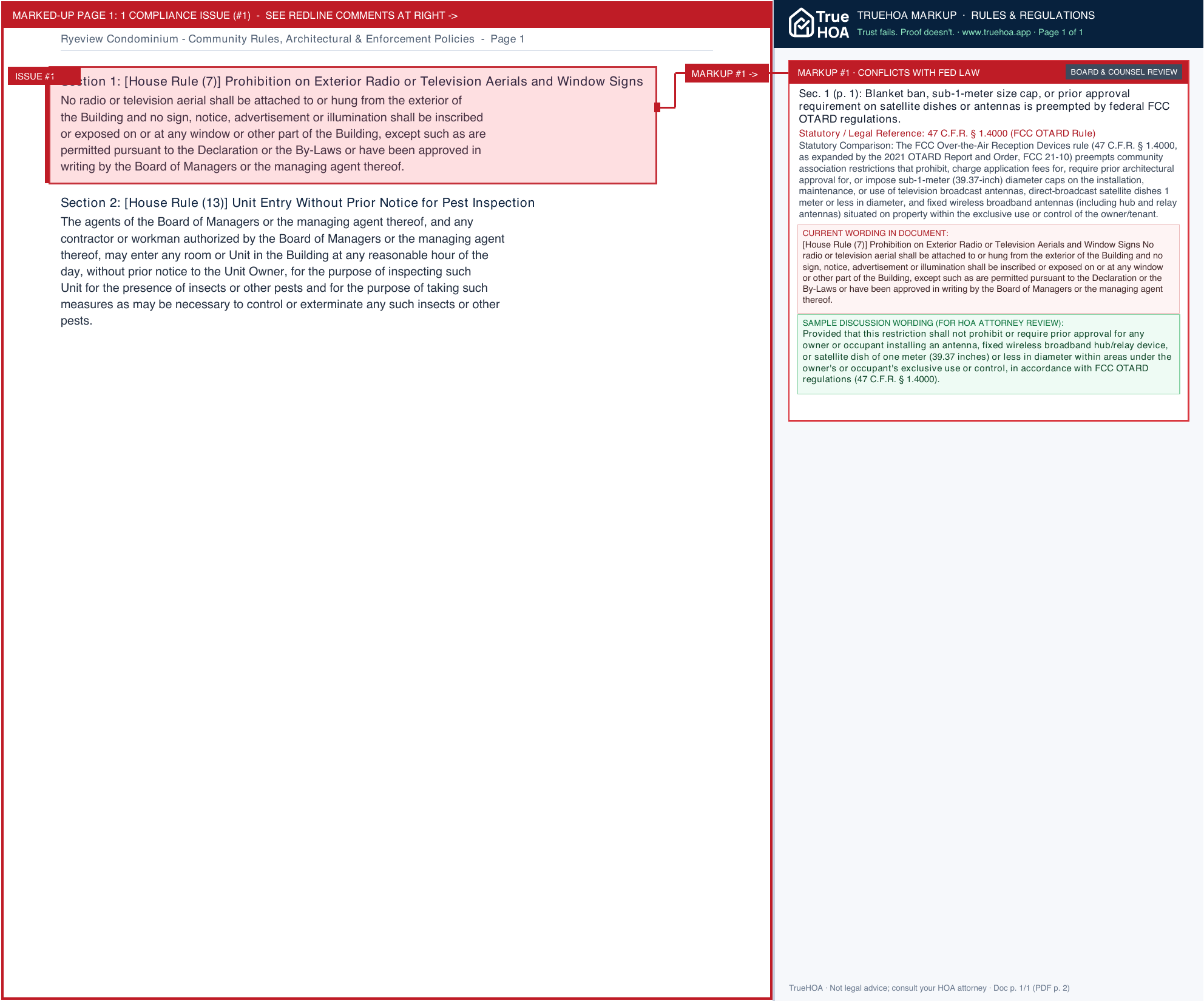 Ryeview Condominium Community Rules, Architectural & Enforcement Policies page 1 widened with TrueHOA Crystal AI margin annotations