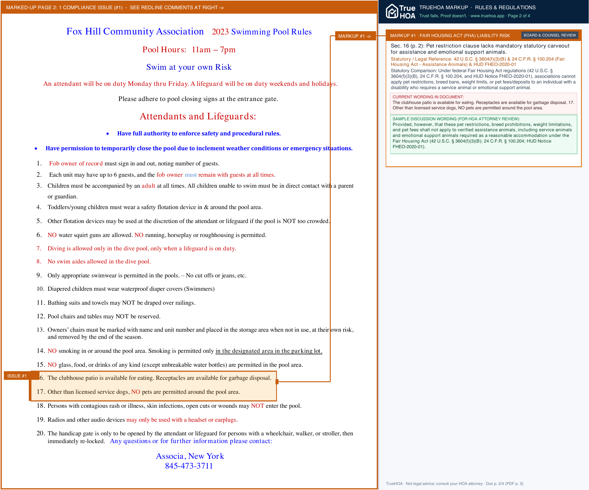 The Fox Hill Community Association FHCA Clubhouse Rules Regulations page 2 widened with TrueHOA Crystal AI margin annotations