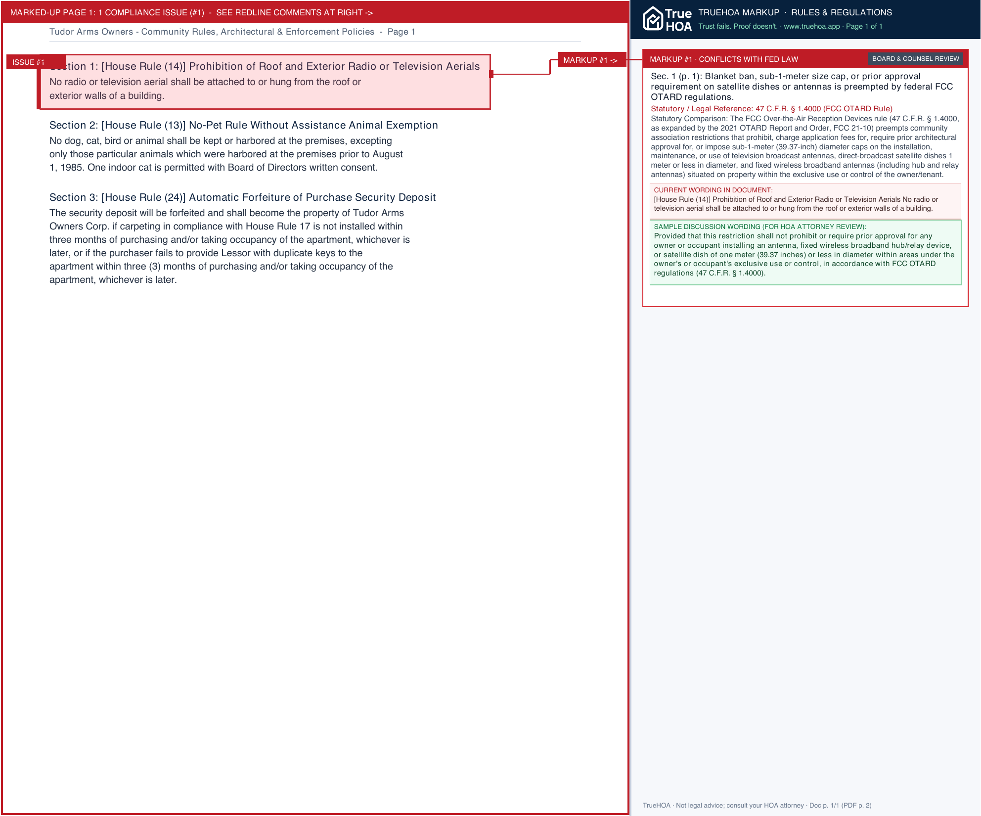 Tudor Arms Owners Community Rules, Architectural & Enforcement Policies page 1 widened with TrueHOA Crystal AI margin annotations