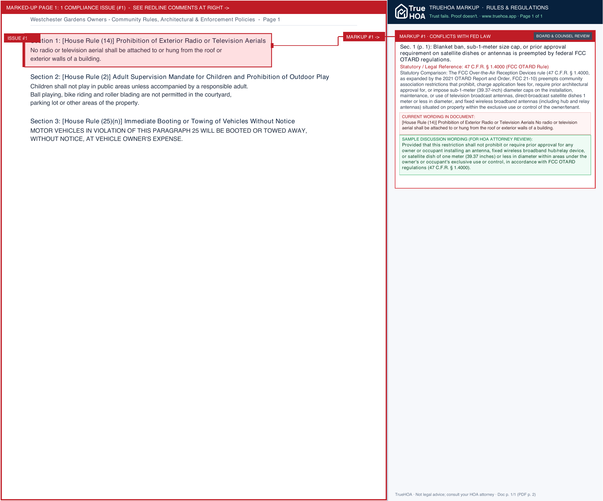 Westchester Gardens Owners Community Rules, Architectural & Enforcement Policies page 1 widened with TrueHOA Crystal AI margin annotations