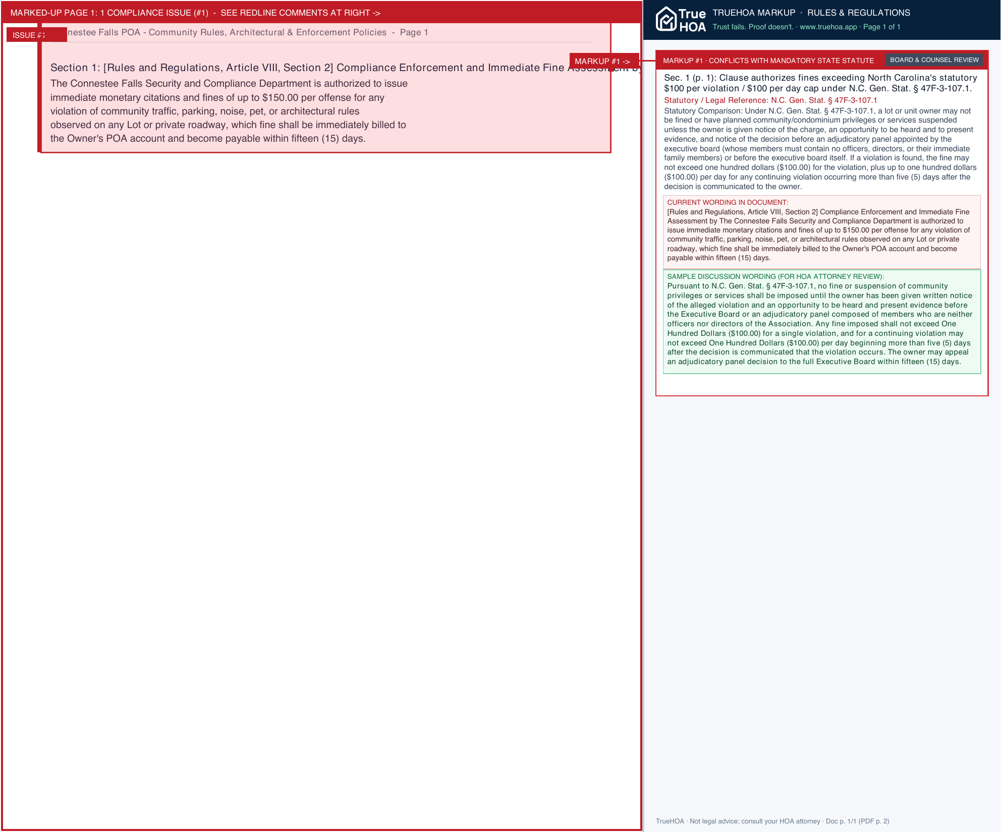 Connestee Falls POA Community Rules, Architectural & Enforcement Policies page 1 widened with TrueHOA Crystal AI margin annotations