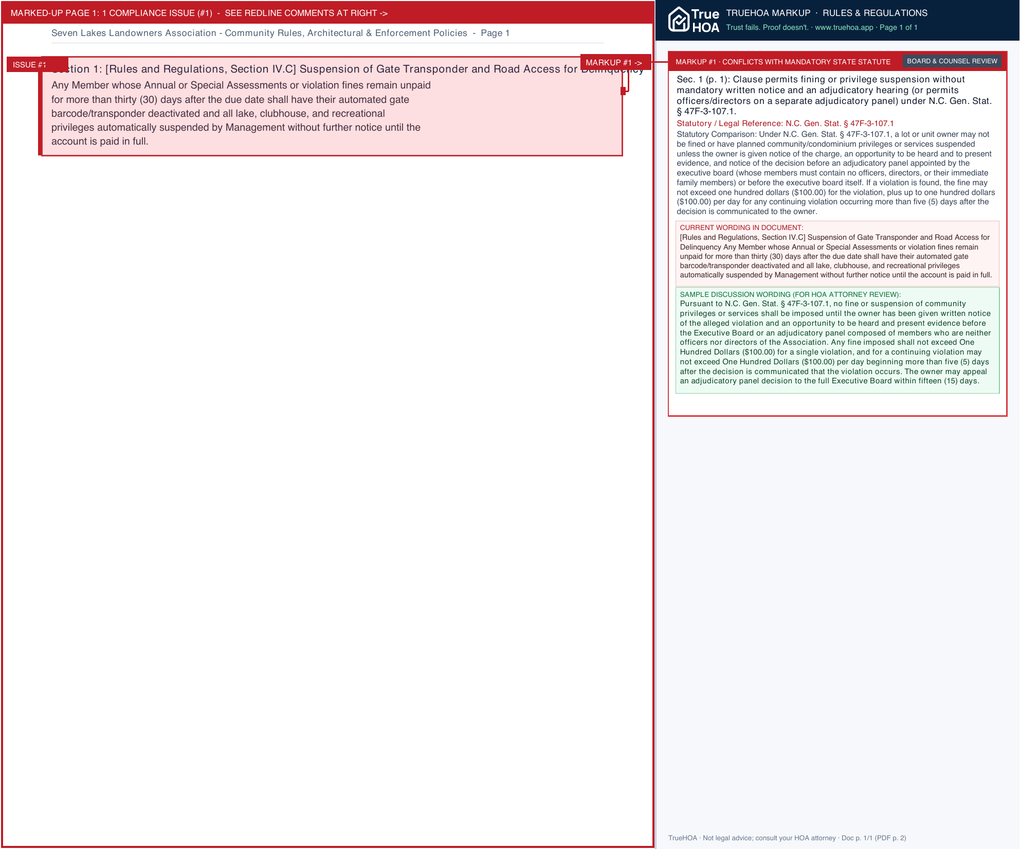 Seven Lakes Landowners Association Community Rules, Architectural & Enforcement Policies page 1 widened with TrueHOA Crystal AI margin annotations