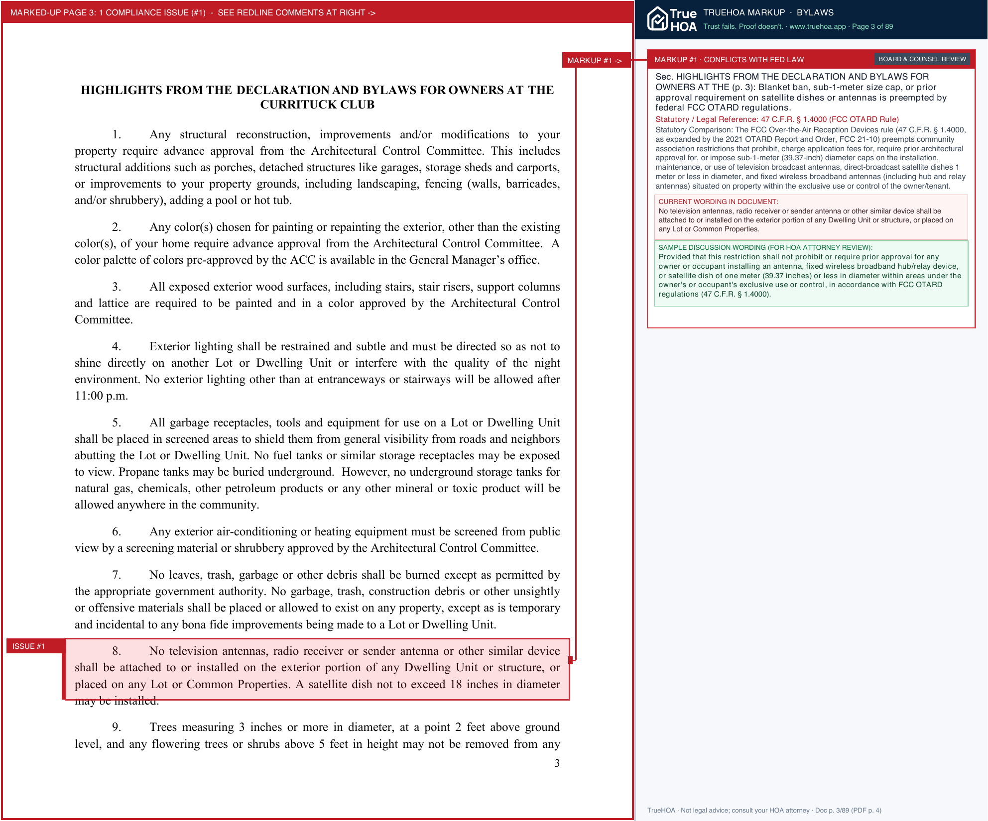 The Currituck Club POA Covenants & Bylaws page 3 widened with TrueHOA Crystal AI margin annotations