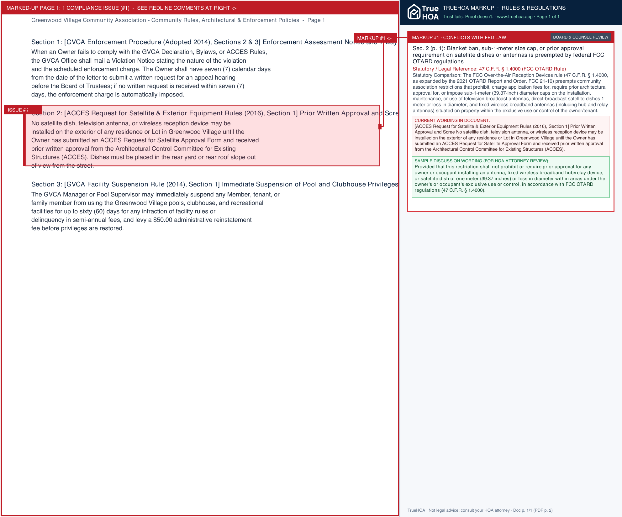 Greenwood Village Community Association Community Rules, Architectural & Enforcement Policies page 1 widened with TrueHOA Crystal AI margin annotations