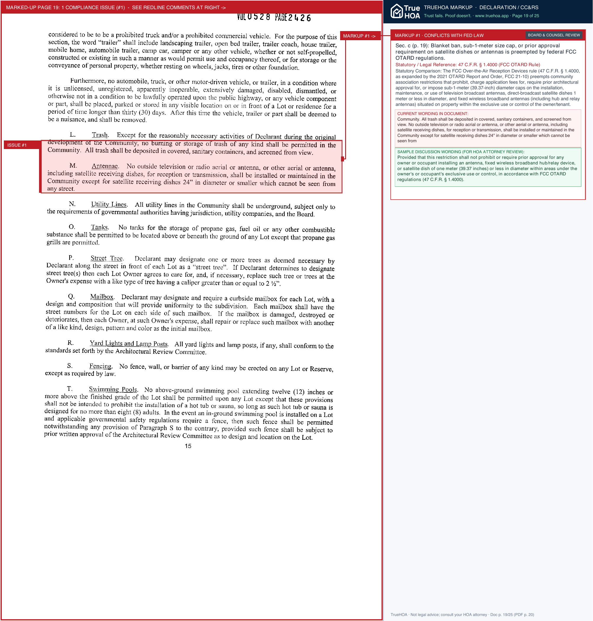 Vinmar Farms HOA Declaration of Covenants, Conditions & Restrictions page 19 widened with TrueHOA Crystal AI margin annotations
