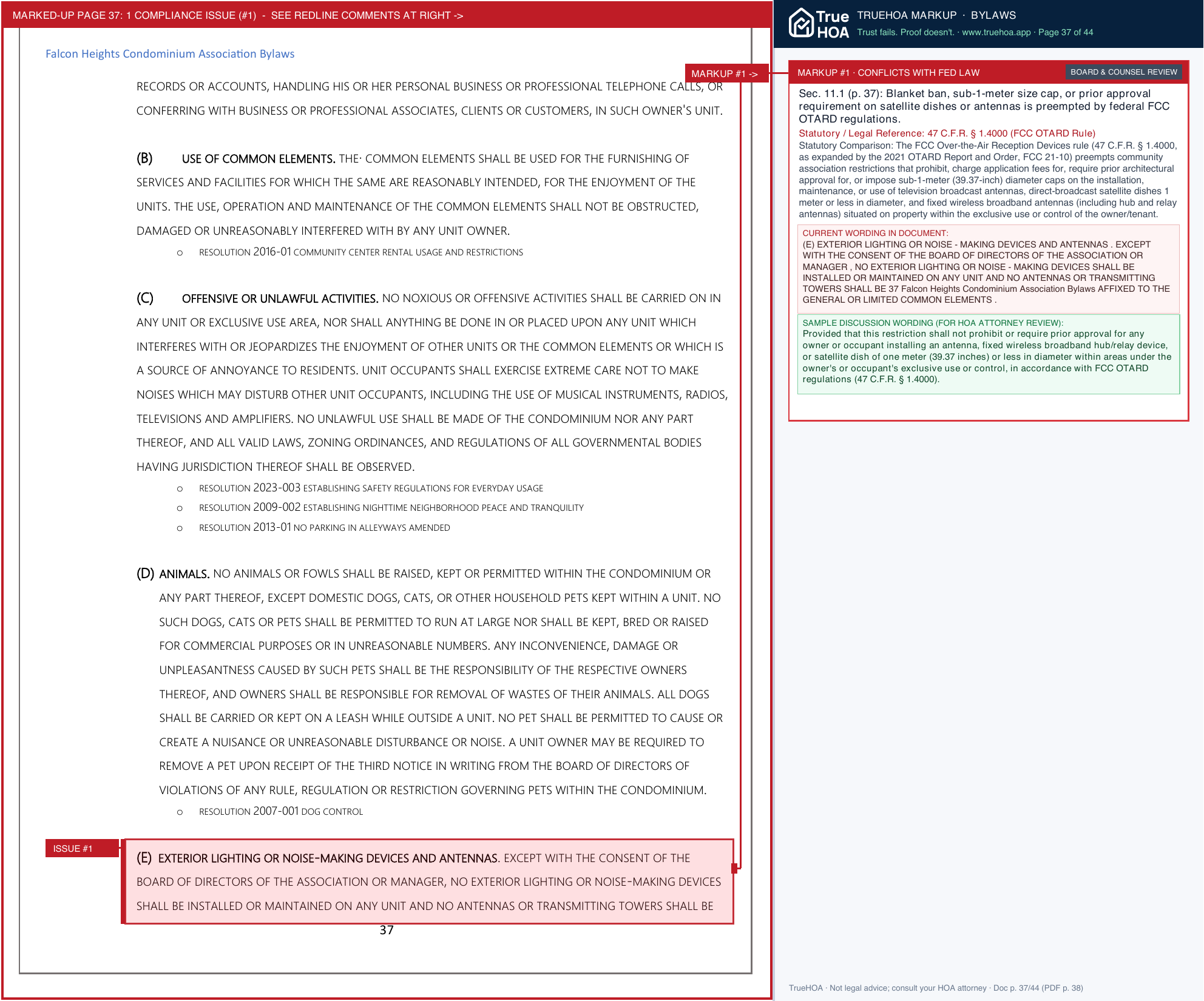 Falcon Heights Condominium Association Association Bylaws page 37 widened with TrueHOA Crystal AI margin annotations
