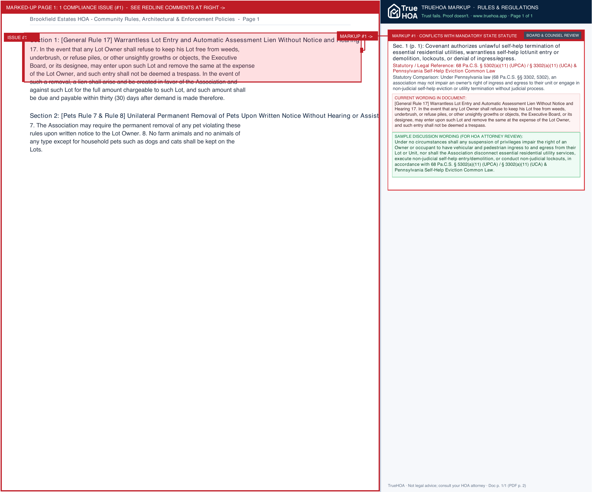 Brookfield Estates HOA Community Rules, Architectural & Enforcement Policies page 1 widened with TrueHOA Crystal AI margin annotations