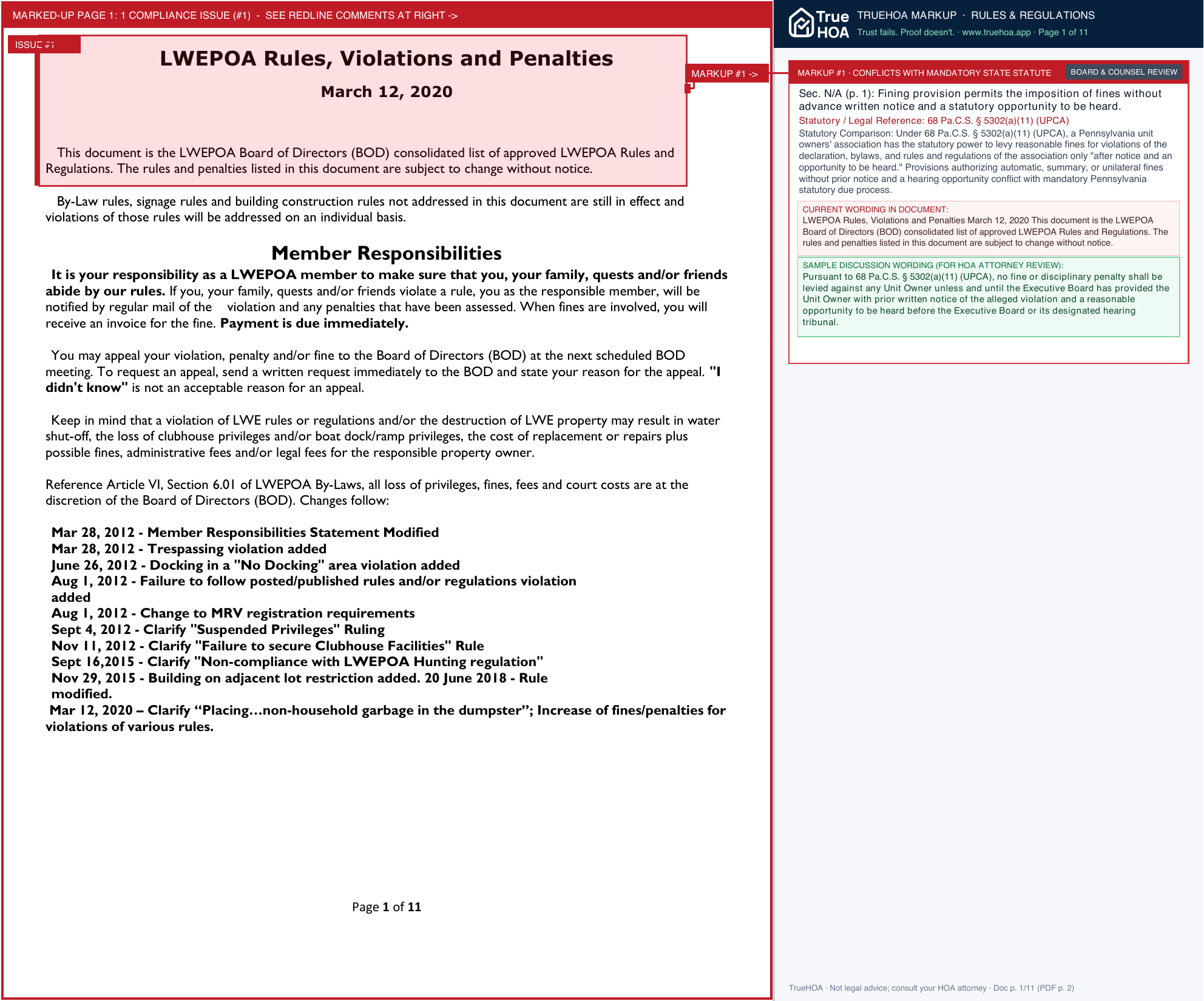 Lake Wallenpaupack Estates POA Rules, Regulations & Community Standards page 1 widened with TrueHOA Crystal AI margin annotations