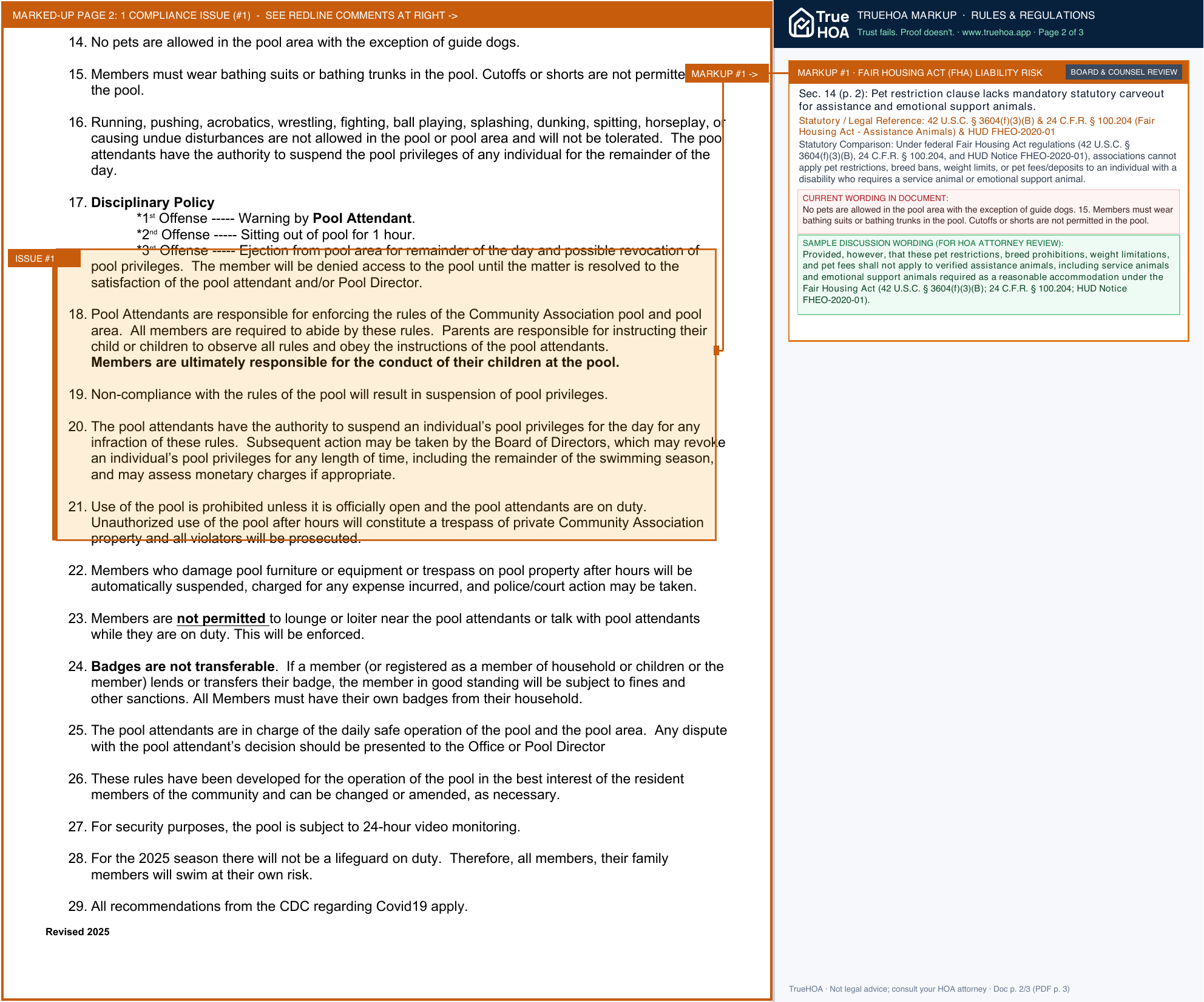 Marcel Lake Estates POA Pool Rules And Waiver page 2 widened with TrueHOA Crystal AI margin annotations