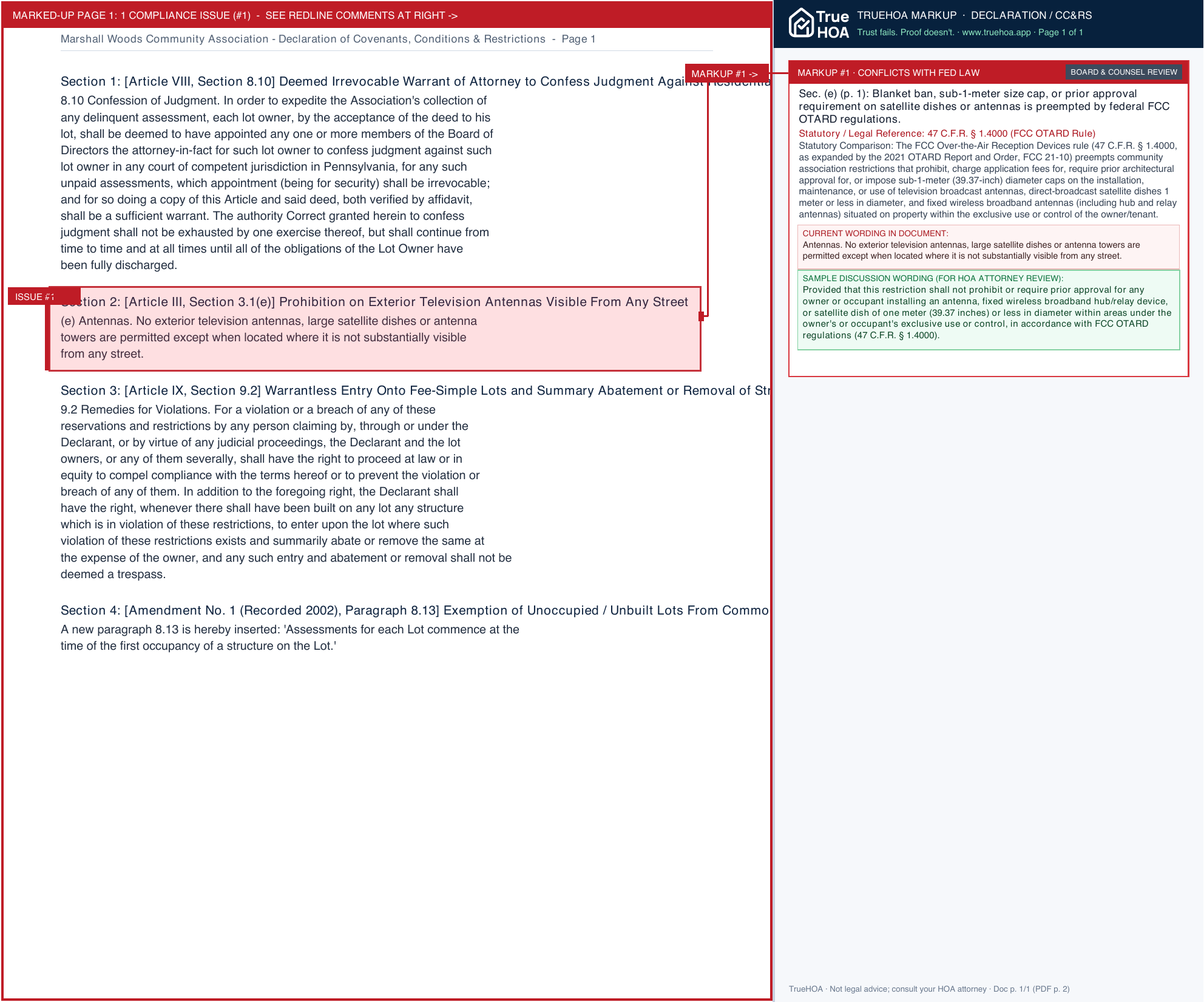Marshall Woods Community Association Declaration of Covenants, Conditions & Restrictions page 1 widened with TrueHOA Crystal AI margin annotations