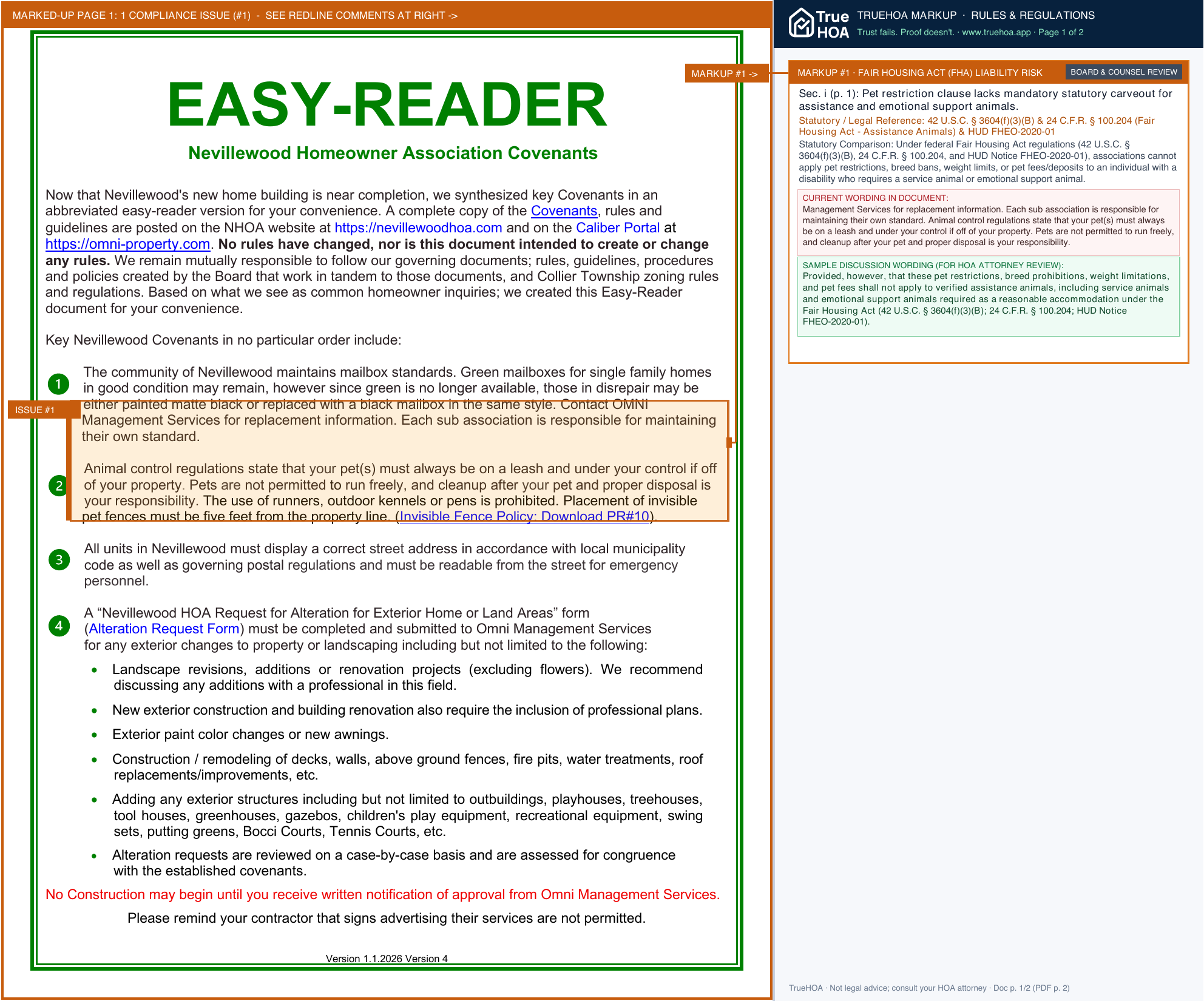 Nevillewood HOA EasyReaderCovenants1 1 2026Version4 page 1 widened with TrueHOA Crystal AI margin annotations