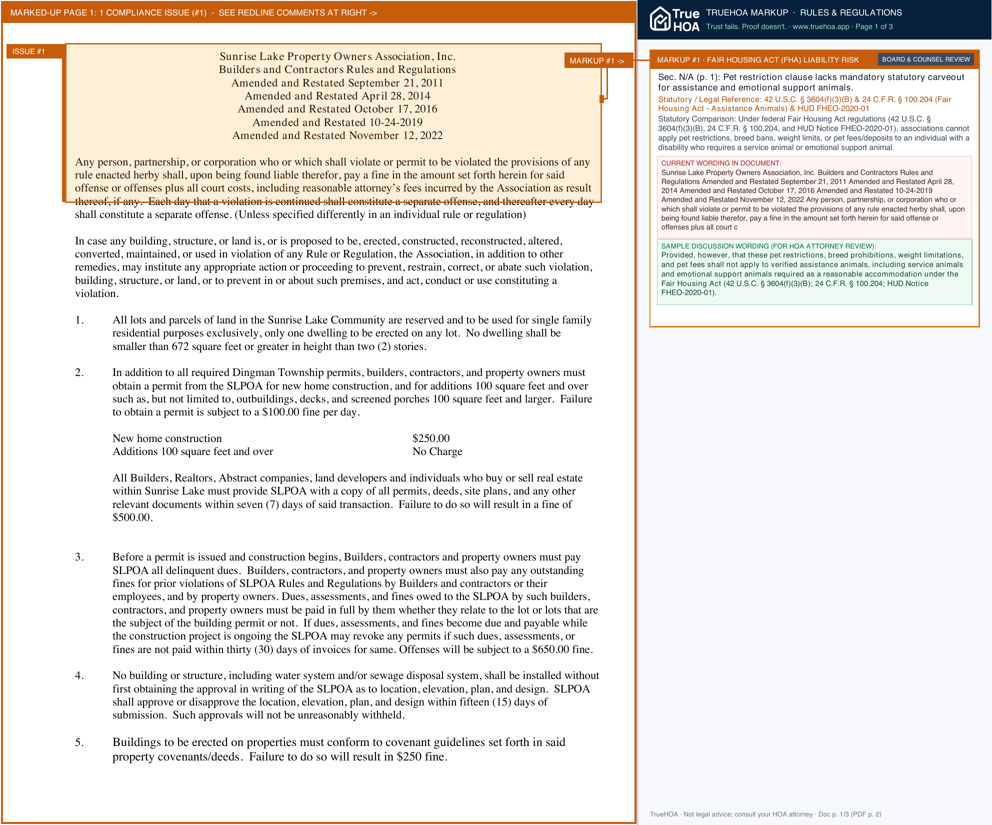Sunrise Lake POA (New) Builder Contractor Rules 11 12 2022 page 1 widened with TrueHOA Crystal AI margin annotations