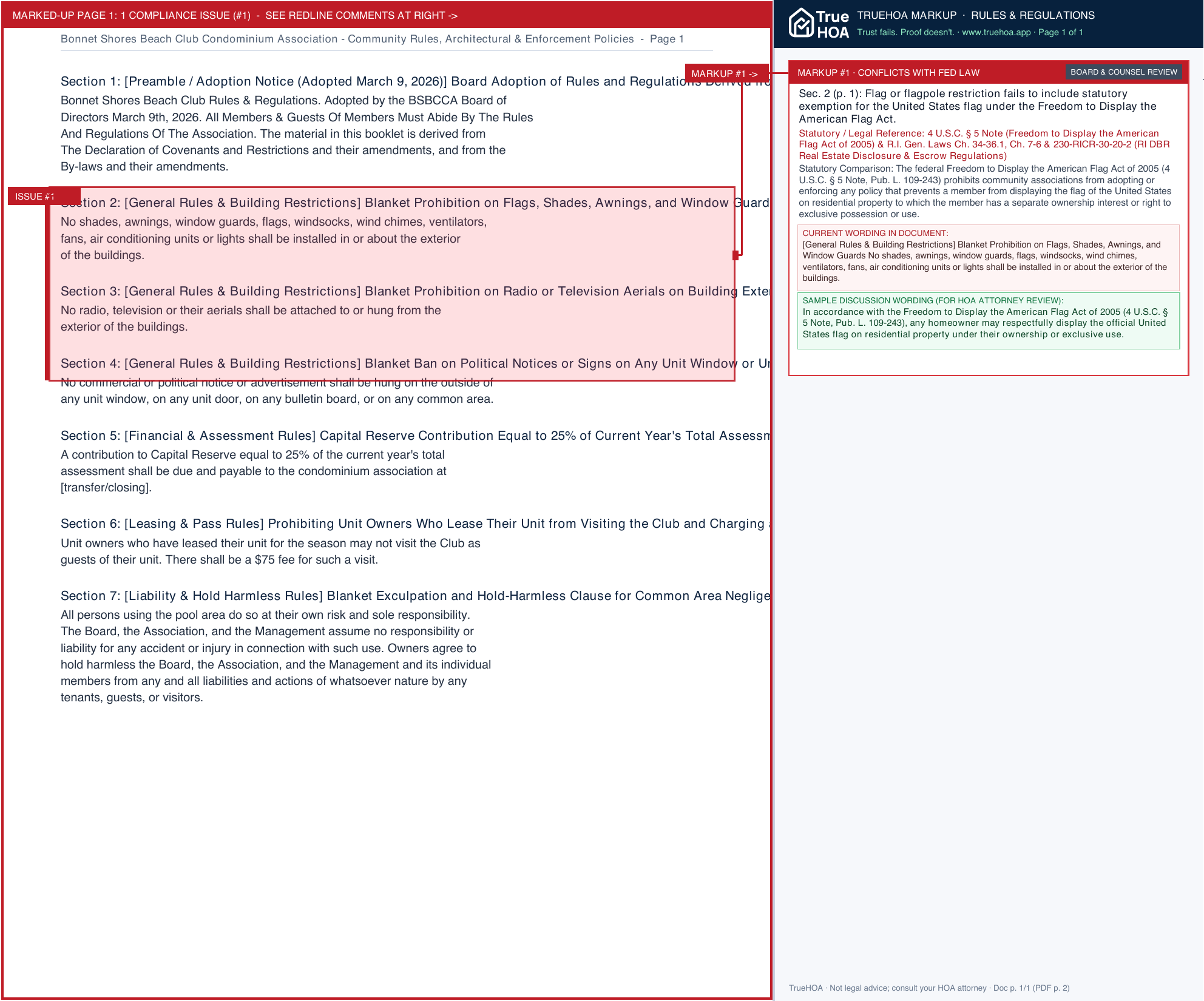 Bonnet Shores Beach Club Condominium Association Community Rules, Architectural & Enforcement Policies page 1 widened with TrueHOA Crystal AI margin annotations
