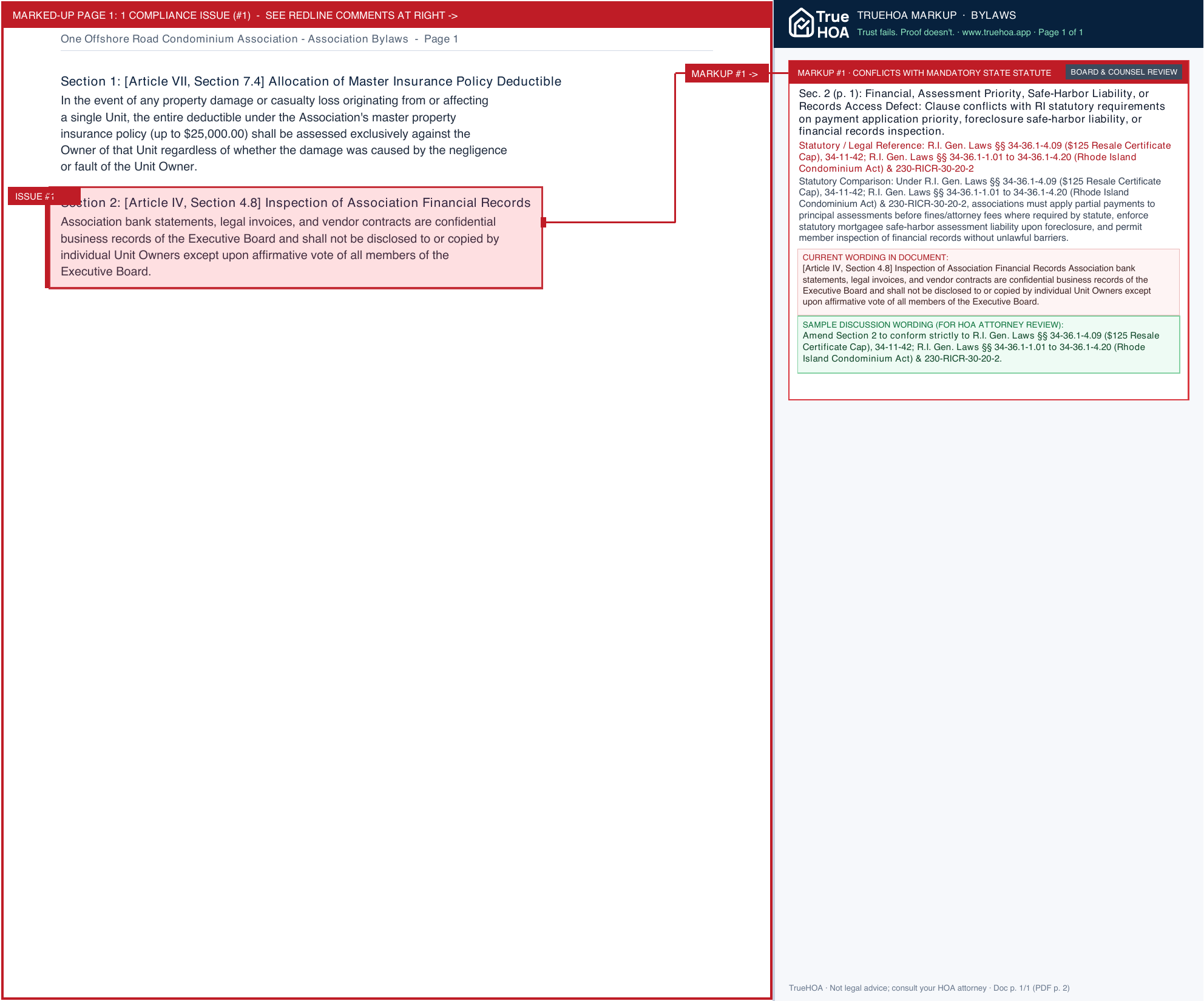 One Offshore Road Condominium Association Association Bylaws page 1 widened with TrueHOA Crystal AI margin annotations