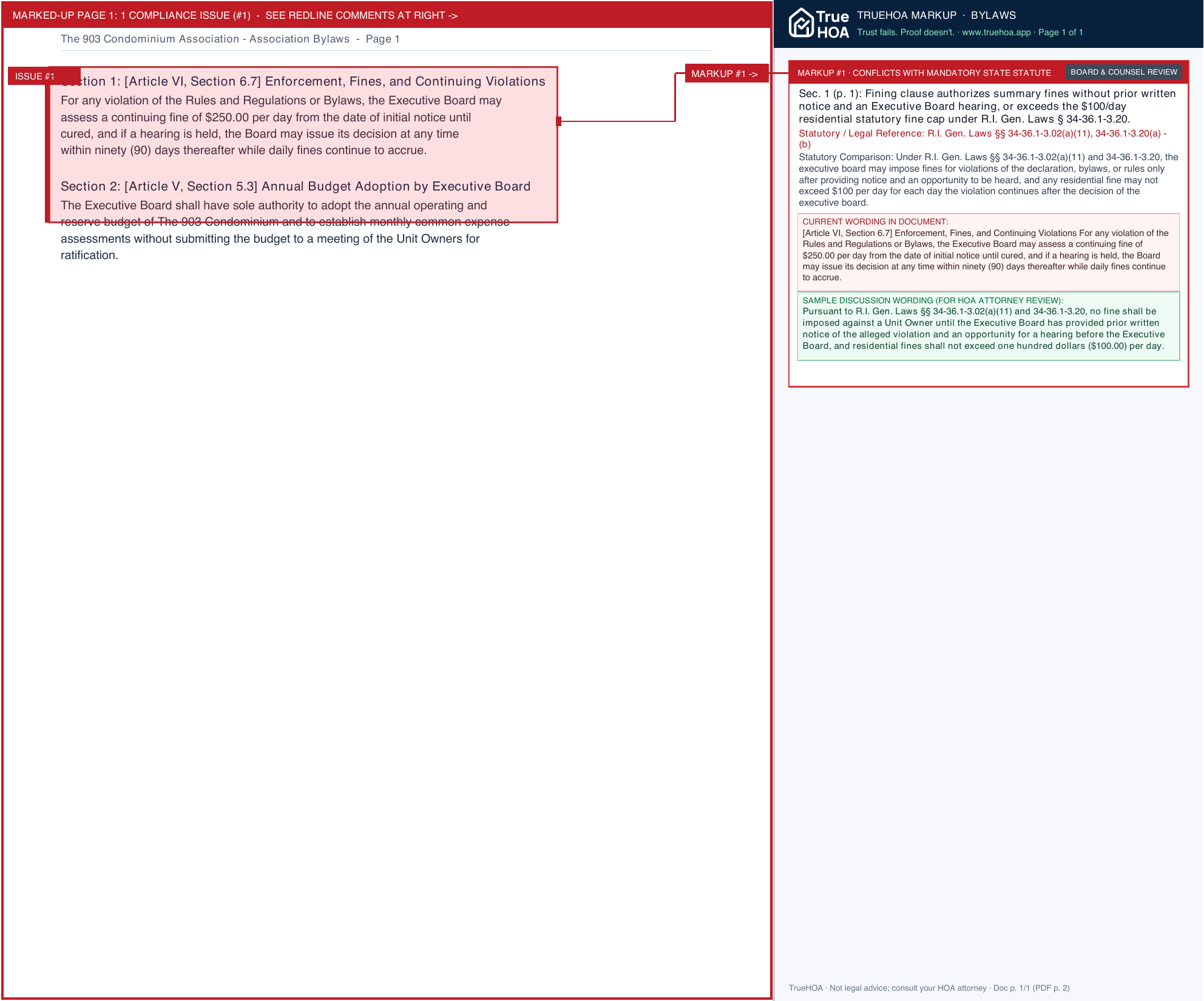 The 903 Condominium Association Association Bylaws page 1 widened with TrueHOA Crystal AI margin annotations