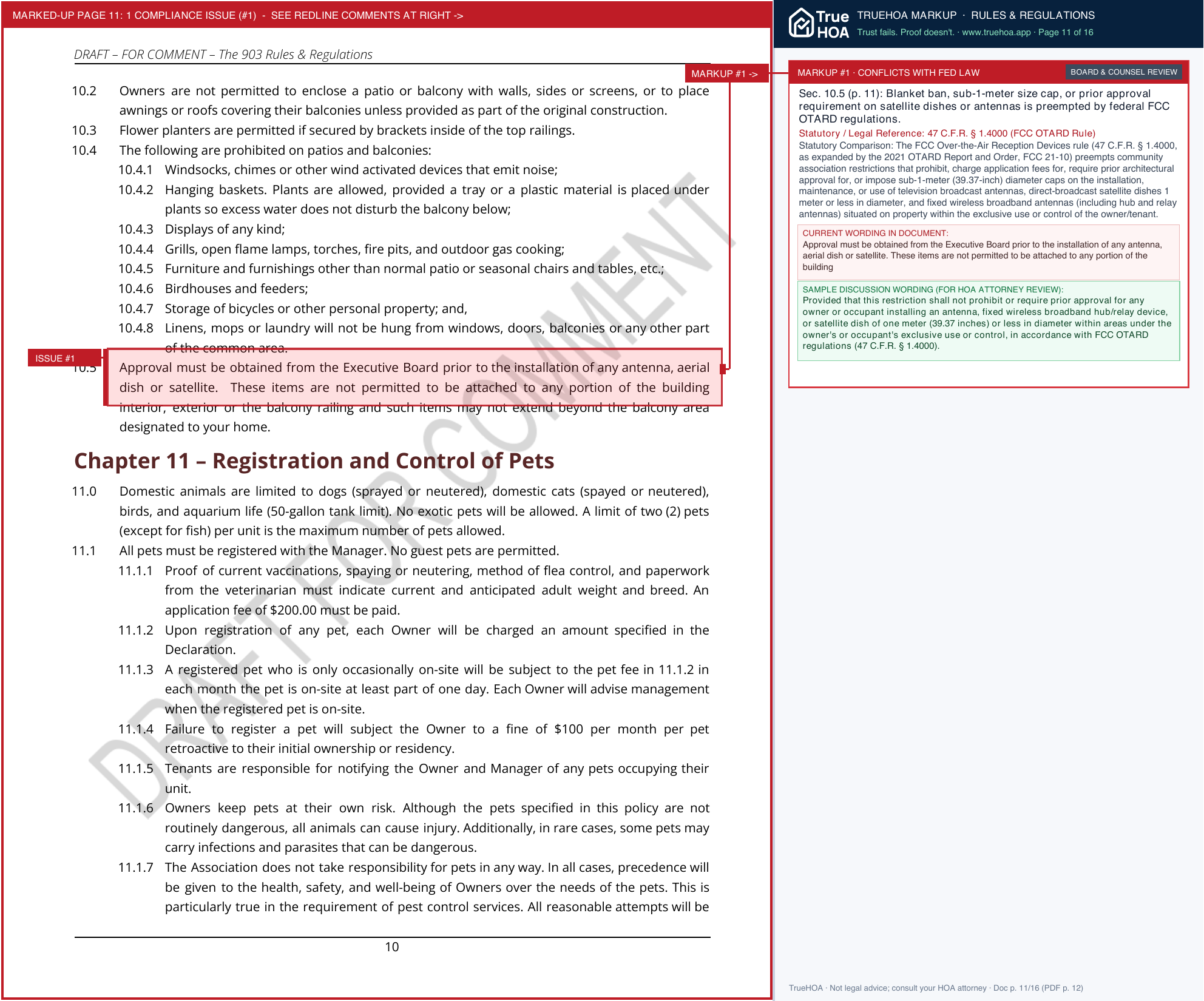 The 903 Residences at Providence Place Condominium Association Draft Rules Proposal page 11 widened with TrueHOA Crystal AI margin annotations