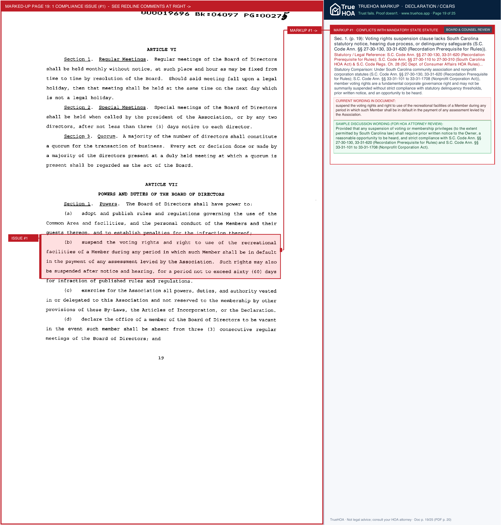 Coker's Crossing HOA CCRs page 19 widened with TrueHOA Crystal AI margin annotations