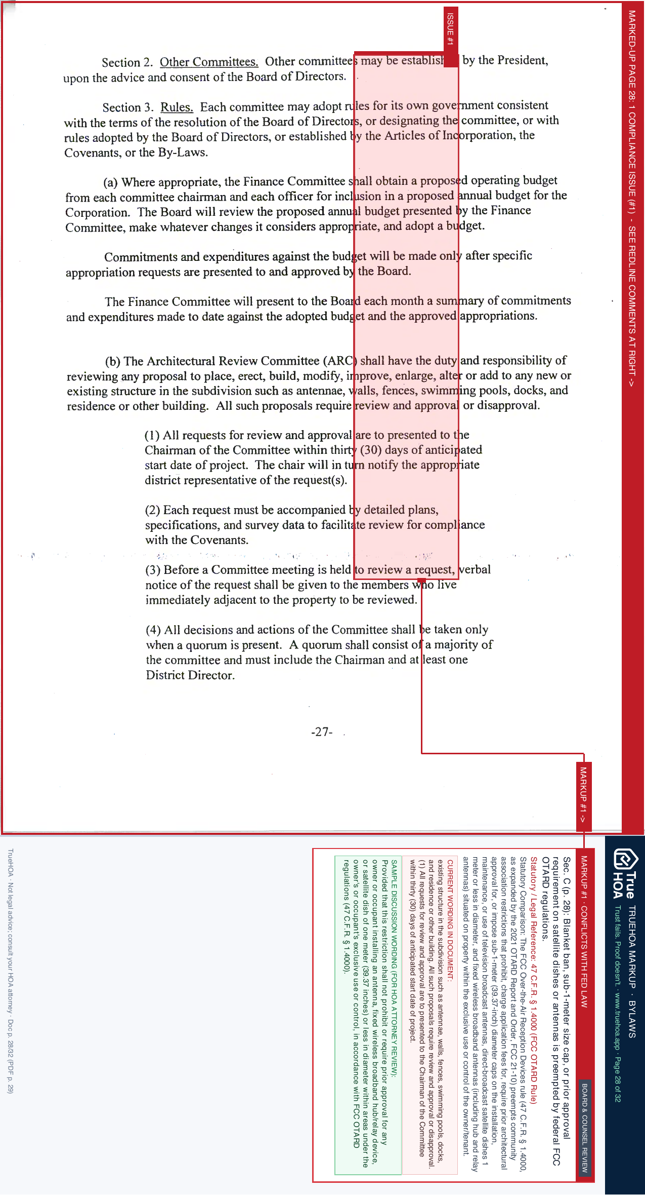 Creekside Park Neighborhood HOA Covenants and Bylaws page 28 widened with TrueHOA Crystal AI margin annotations
