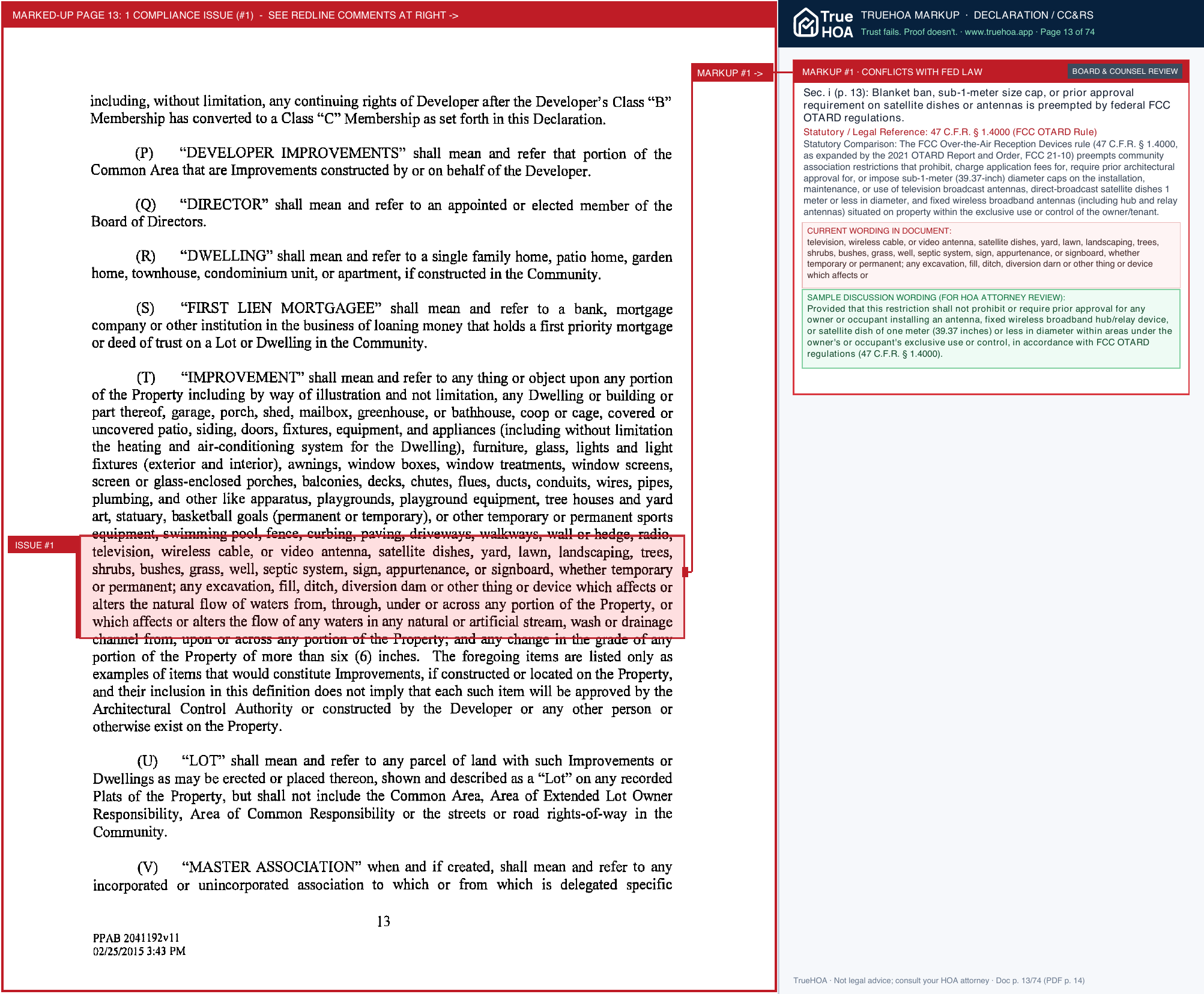 Portrait Hill HOA Declaration of Covenants, Conditions & Restrictions page 13 widened with TrueHOA Crystal AI margin annotations
