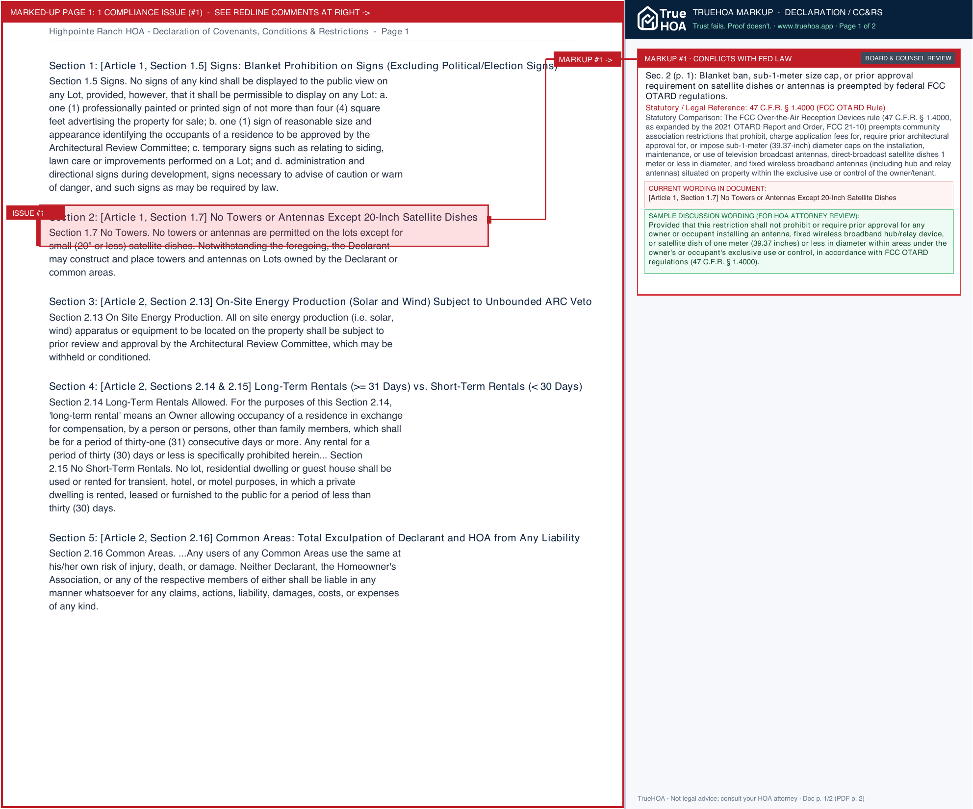 Highpointe Ranch HOA Declaration of Covenants, Conditions & Restrictions page 1 widened with TrueHOA Crystal AI margin annotations