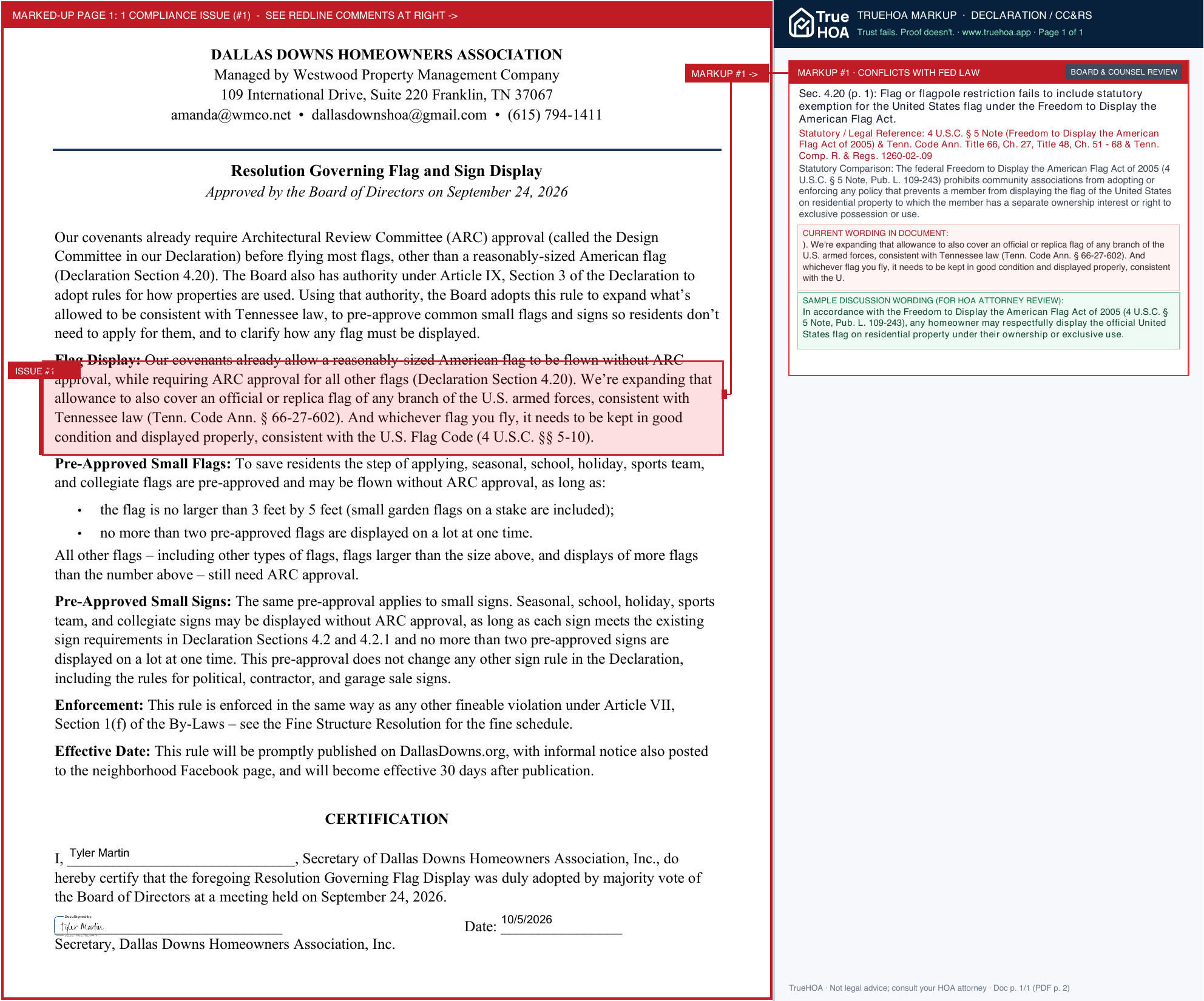 Dallas Downs Neighborhood Association Dallas Downs Flag and Sign Resolutions Approved 09 24 26 page 1 widened with TrueHOA Crystal AI margin annotations