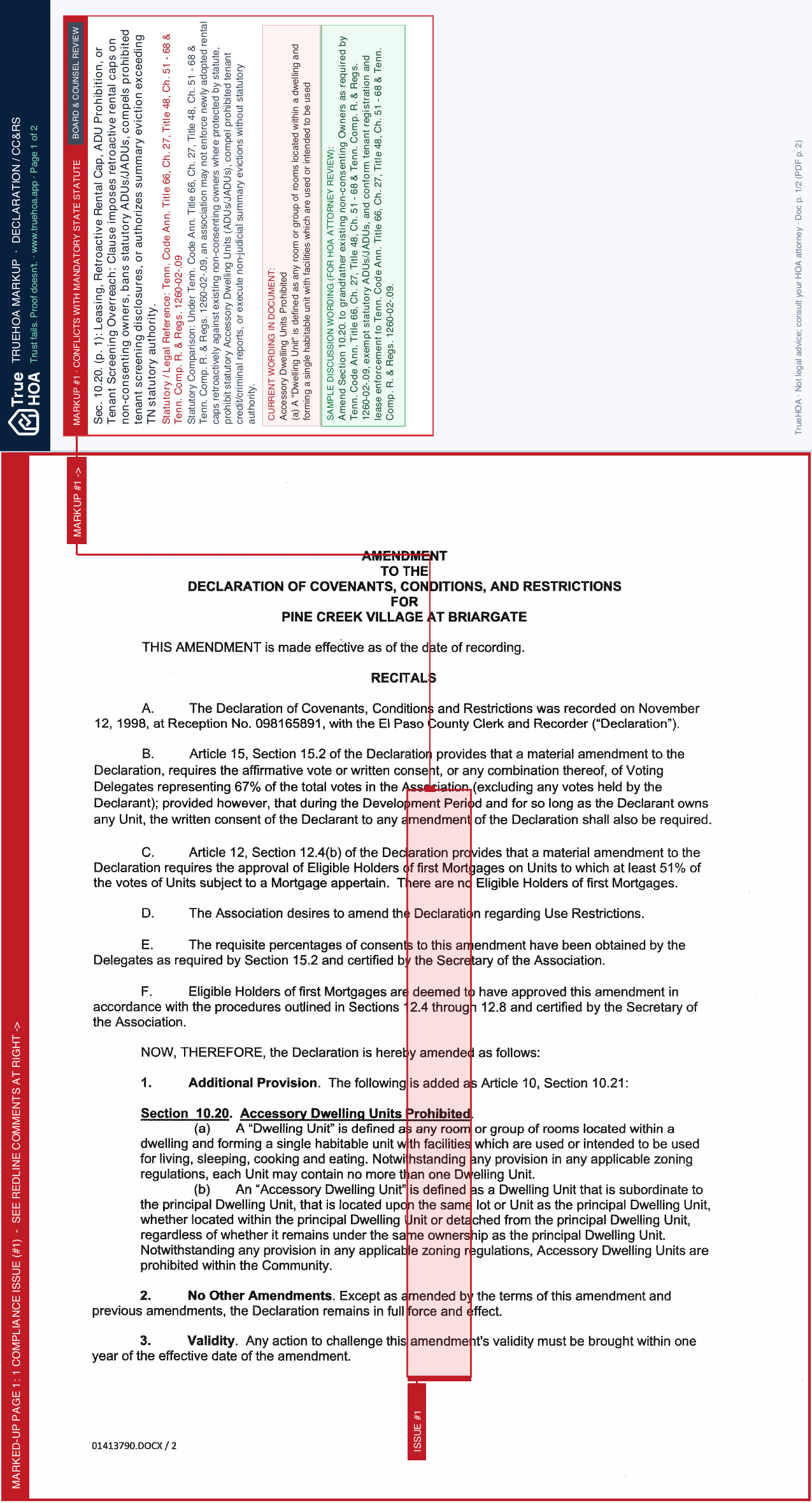 Pine Creek Village Association File Pcva Covenant Adu Amendment page 1 widened with TrueHOA Crystal AI margin annotations