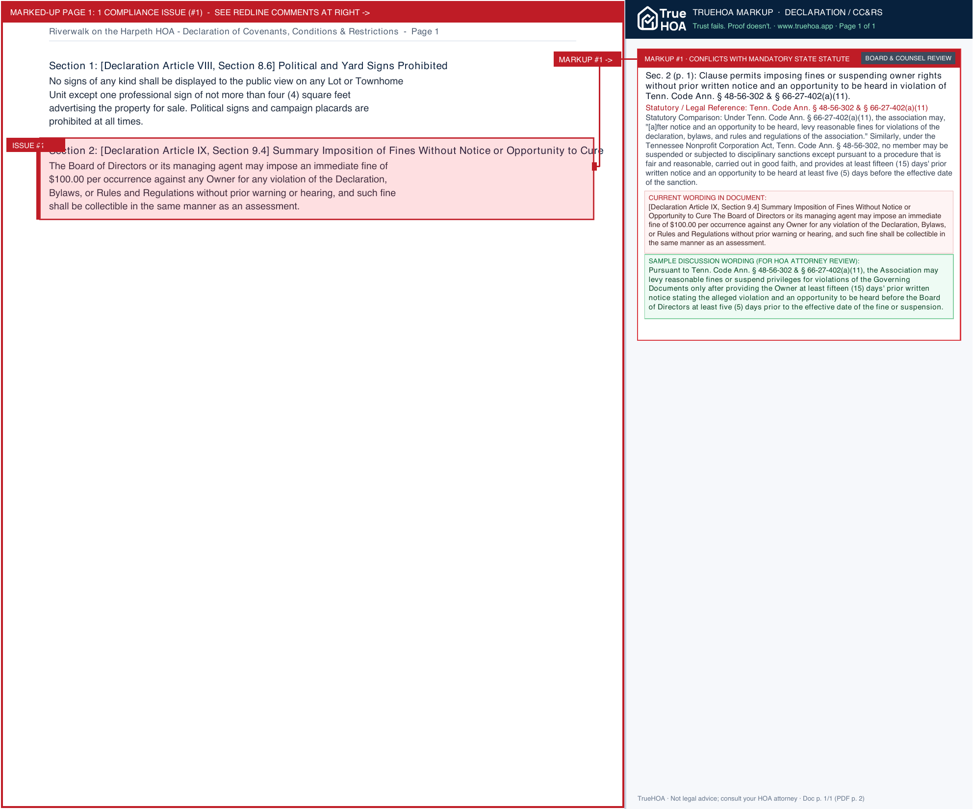 Riverwalk on the Harpeth HOA Declaration of Covenants, Conditions & Restrictions page 1 widened with TrueHOA Crystal AI margin annotations