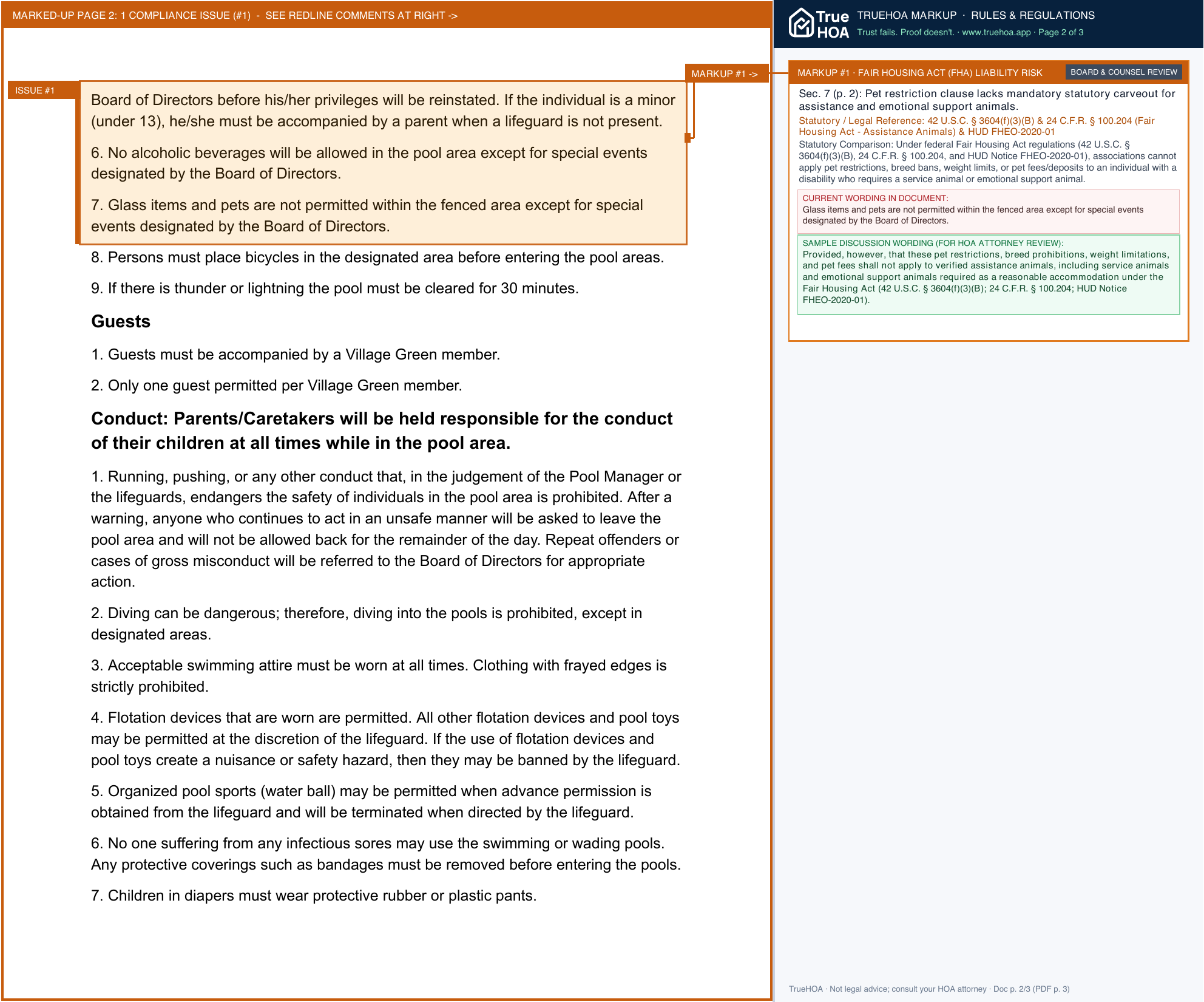 Village Green HOA Swimming Pool Rules and Regulations 1 page 2 widened with TrueHOA Crystal AI margin annotations