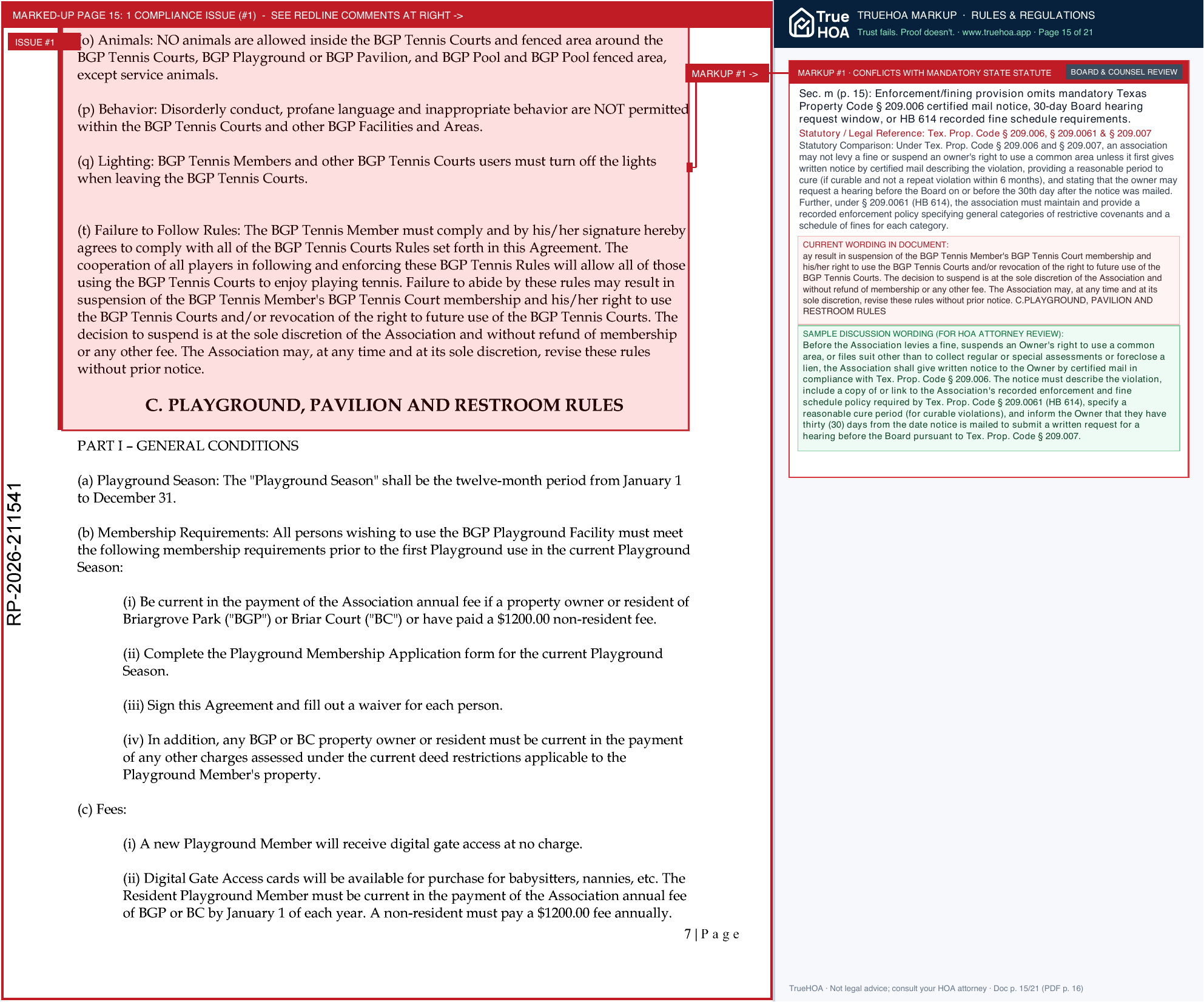 Briargrove Park Property Owners Facilities Rules, Camera Policy - 9th Supplemental Notice of Dedicatory Instruments page 15 widened with TrueHOA Crystal AI margin annotations