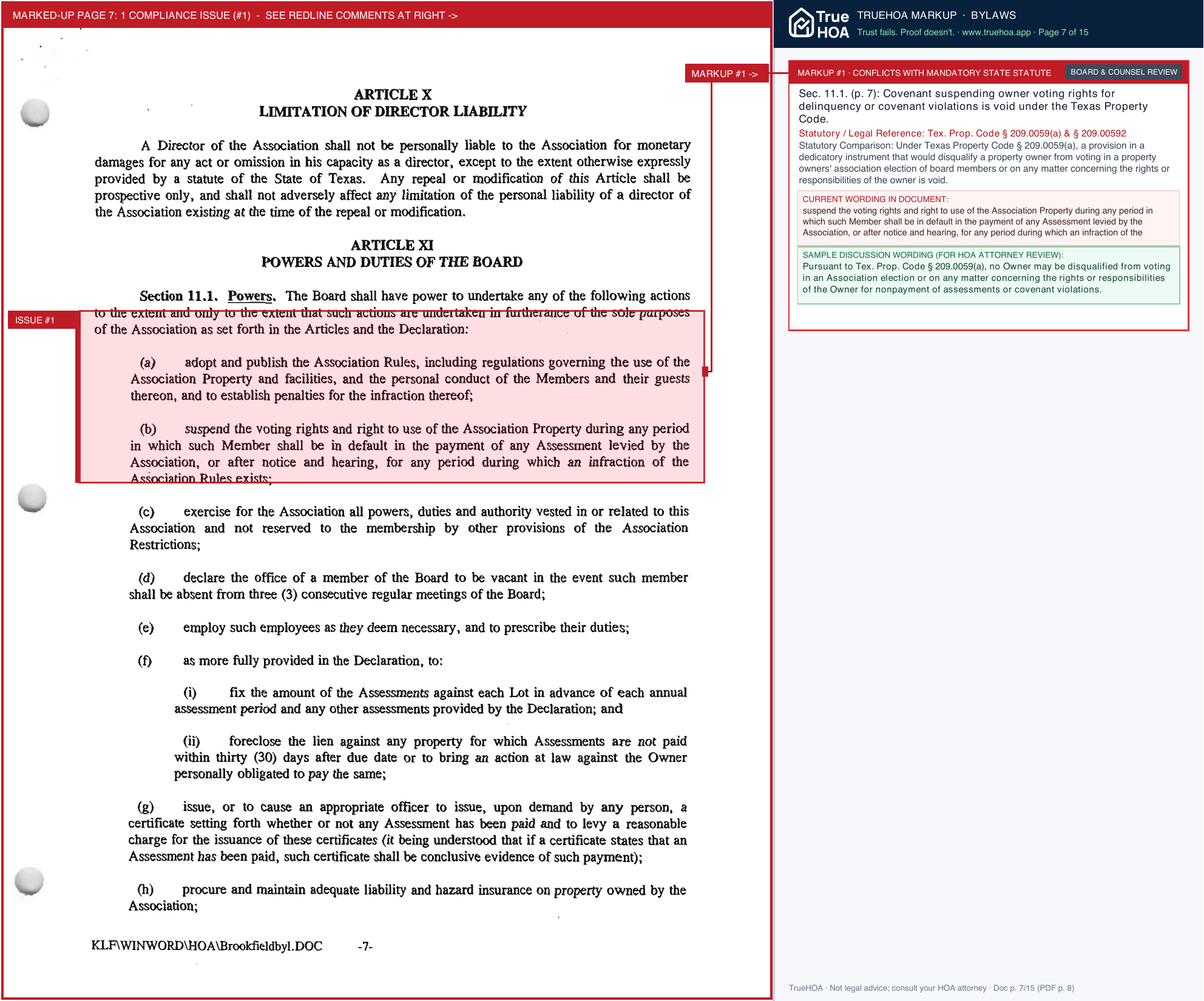 Brookfield Owners Association Association Bylaws page 7 widened with TrueHOA Crystal AI margin annotations