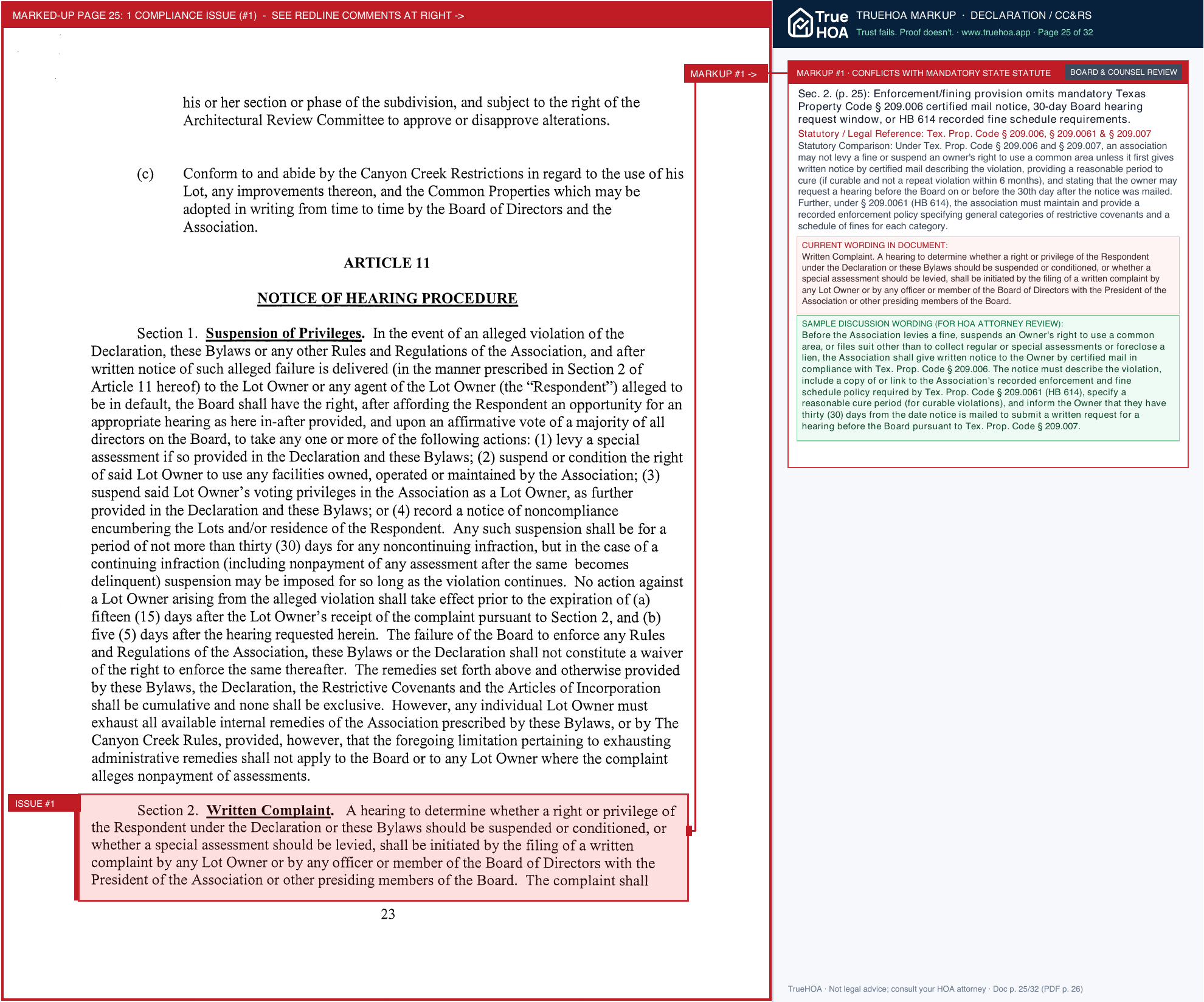 Canyon Creek HOA CYCAmendedAndRestatedBylawsRecordedFinalCopy page 25 widened with TrueHOA Crystal AI margin annotations