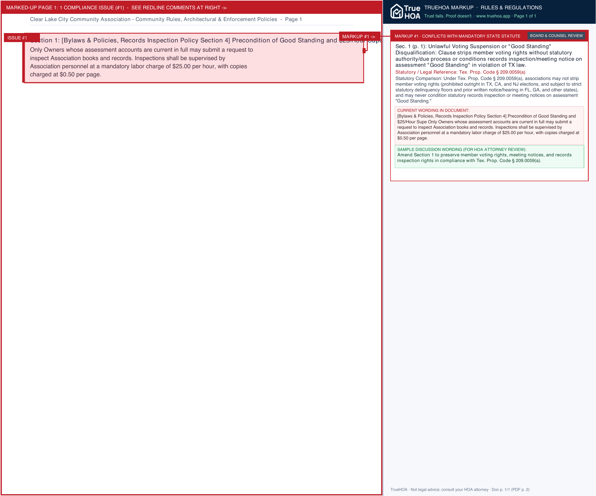 Clear Lake City Community Association Community Rules, Architectural & Enforcement Policies page 1 widened with TrueHOA Crystal AI margin annotations